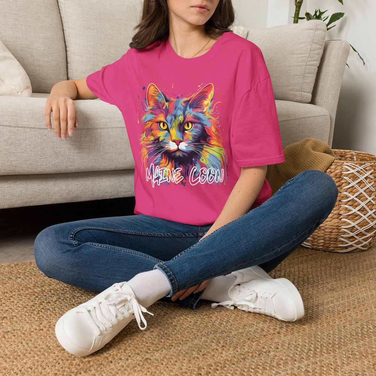 Colorful Cat Graphic T-Shirt — "Maine Coon" Vibrant Watercolor Tee