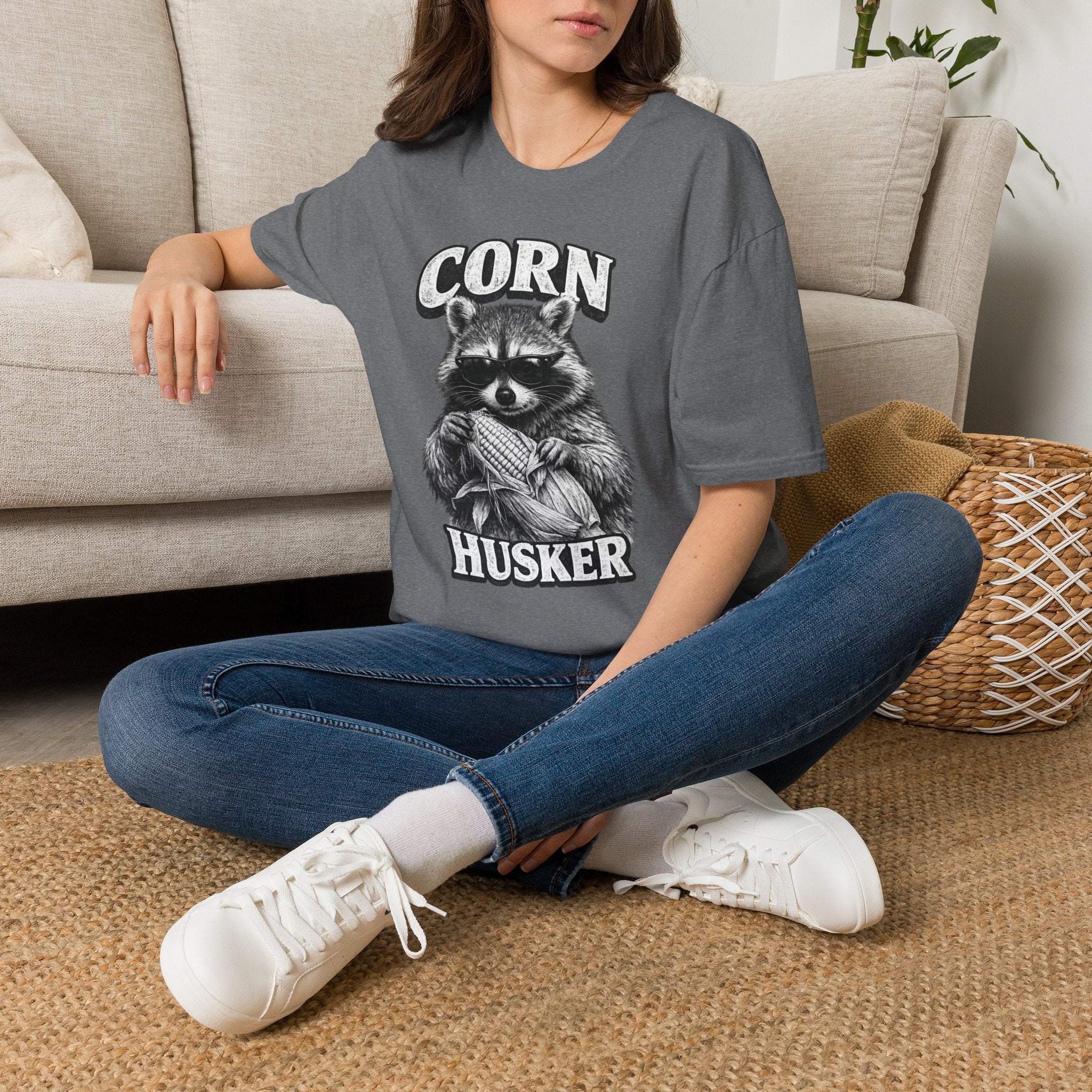 Corn Husker Raccoon T-Shirt | Vintage Mascot Graphic