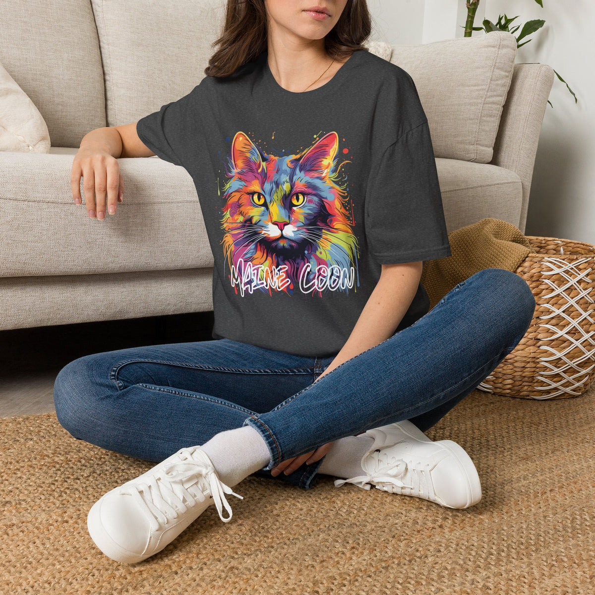 Colorful Cat Graphic T-Shirt — "Maine Coon" Vibrant Watercolor Tee