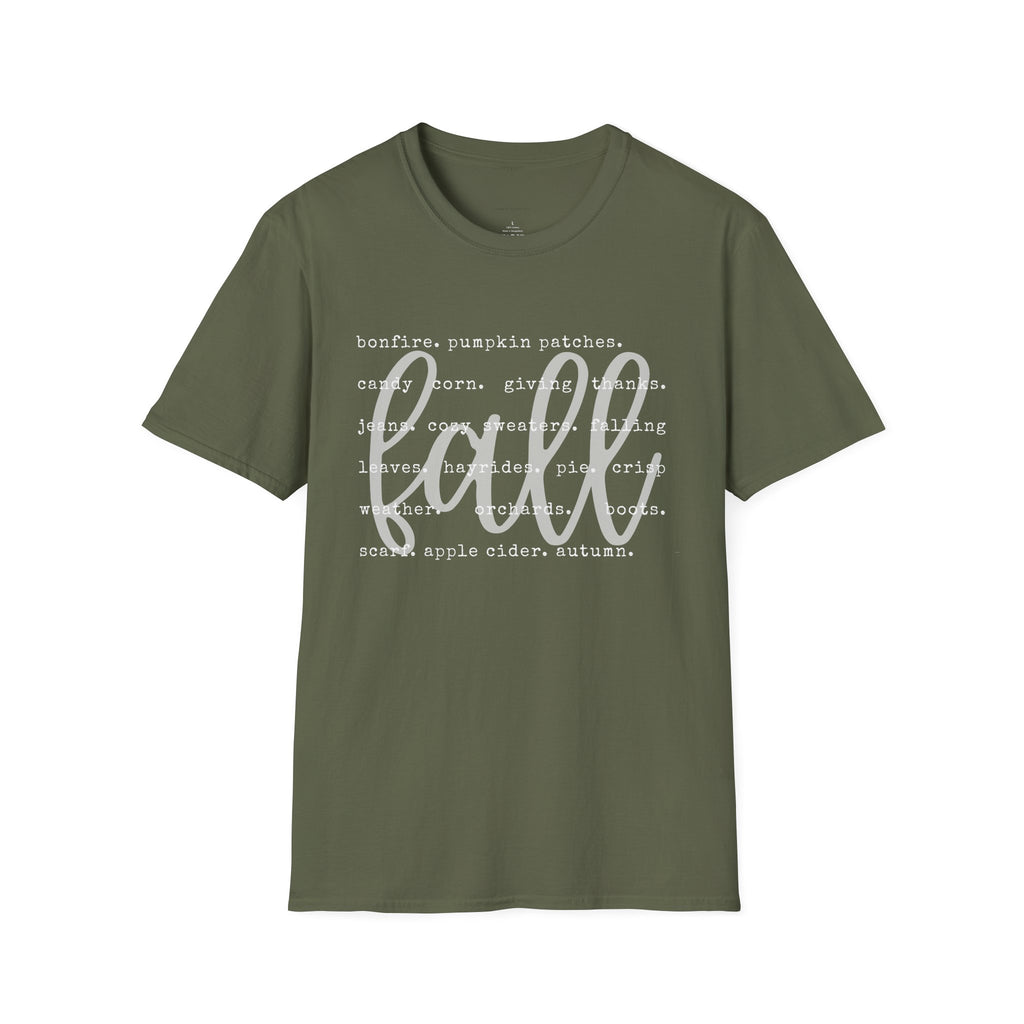 Fall Graphic T‑Shirt – Orange "fall" Script with Autumn Word Cloud