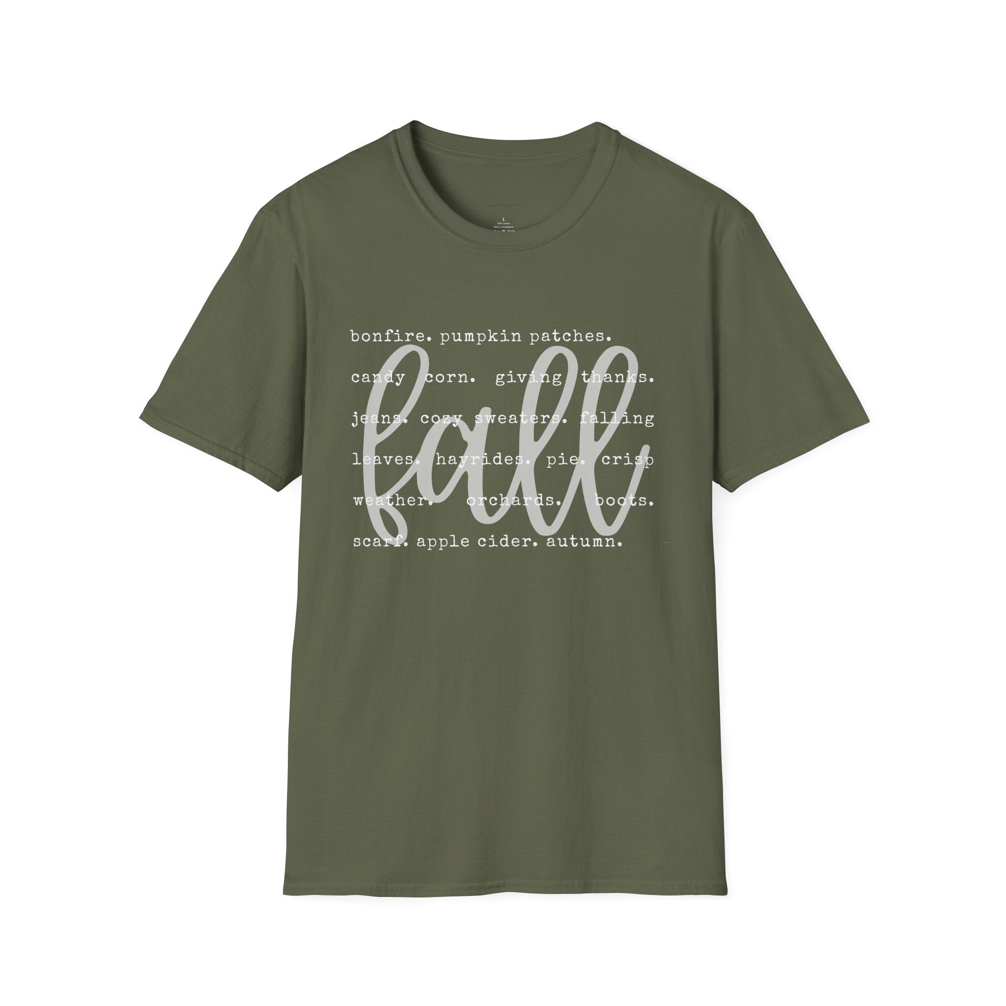 Fall Graphic T‑Shirt – Orange "fall" Script with Autumn Word Cloud