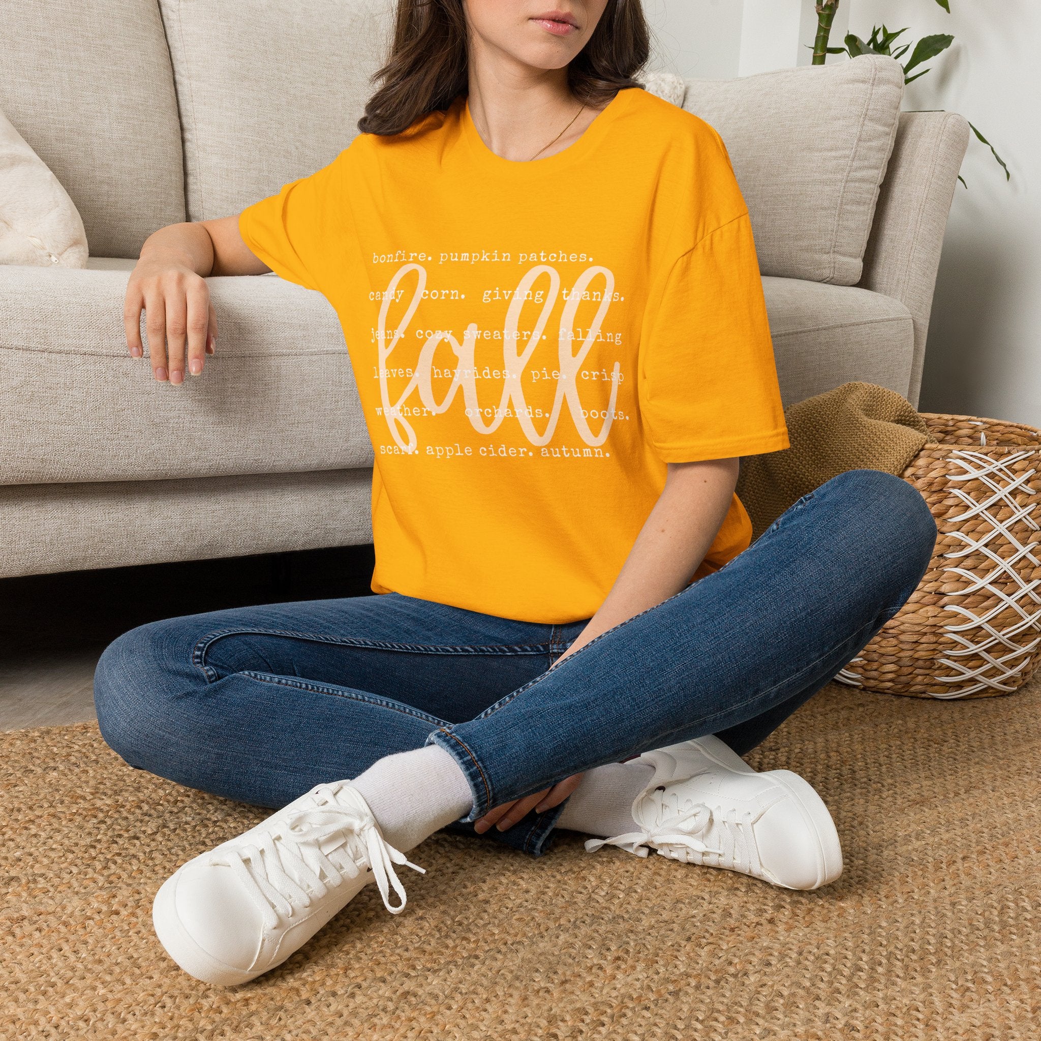 Fall Graphic T‑Shirt – Orange "fall" Script with Autumn Word Cloud