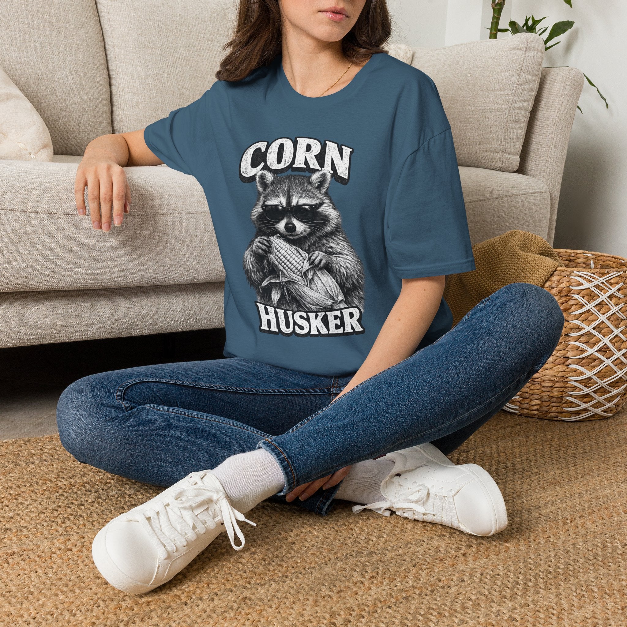 Corn Husker Raccoon T-Shirt | Vintage Mascot Graphic