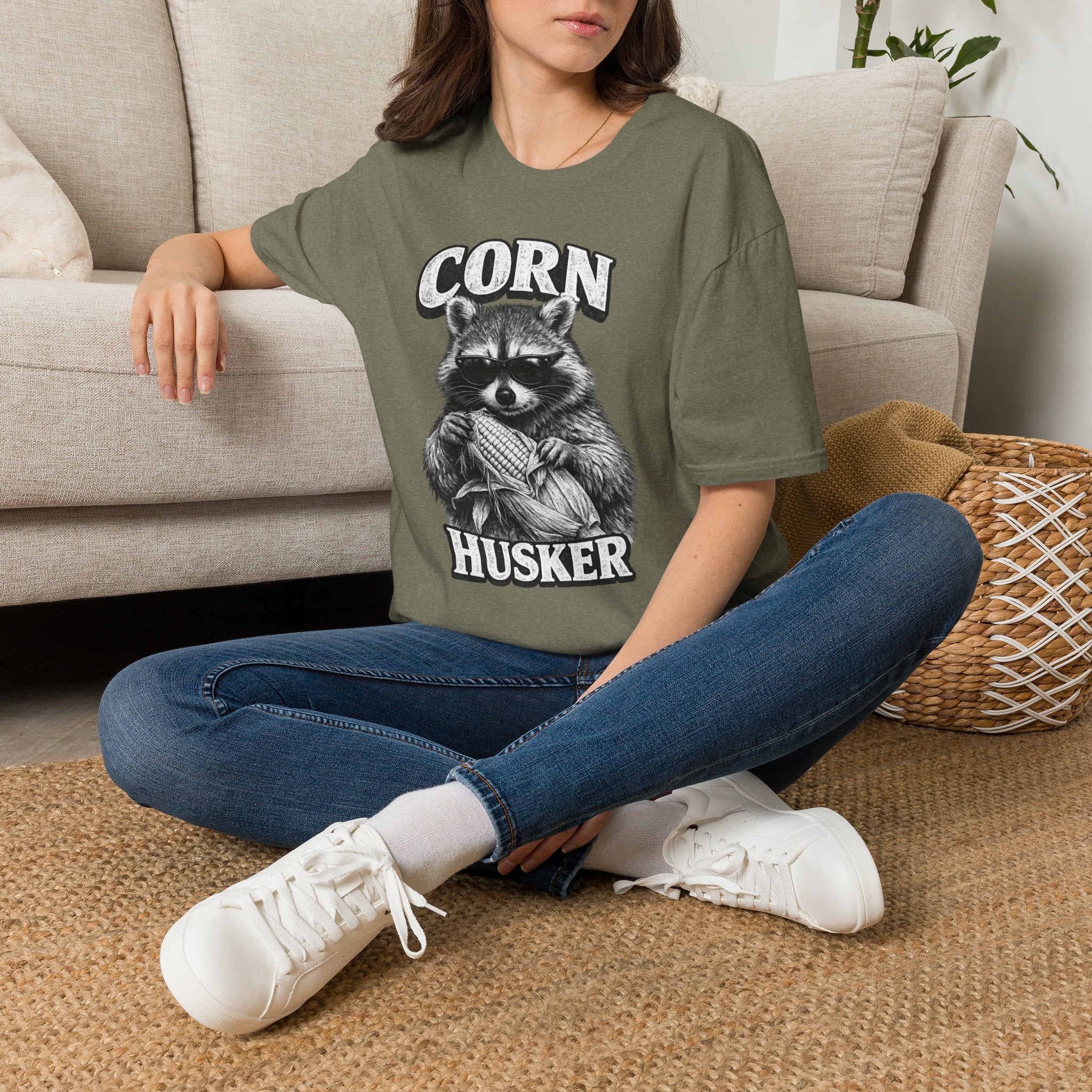 Corn Husker Raccoon T-Shirt | Vintage Mascot Graphic