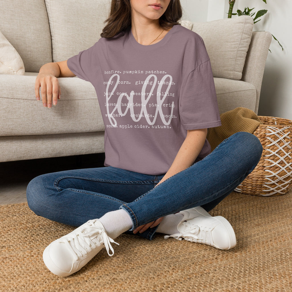 Fall Graphic T‑Shirt – Orange "fall" Script with Autumn Word Cloud