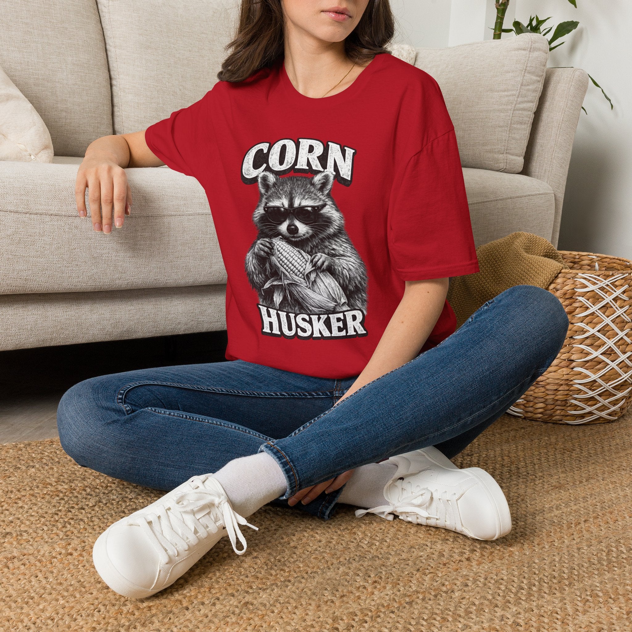 Corn Husker Raccoon T-Shirt | Vintage Mascot Graphic