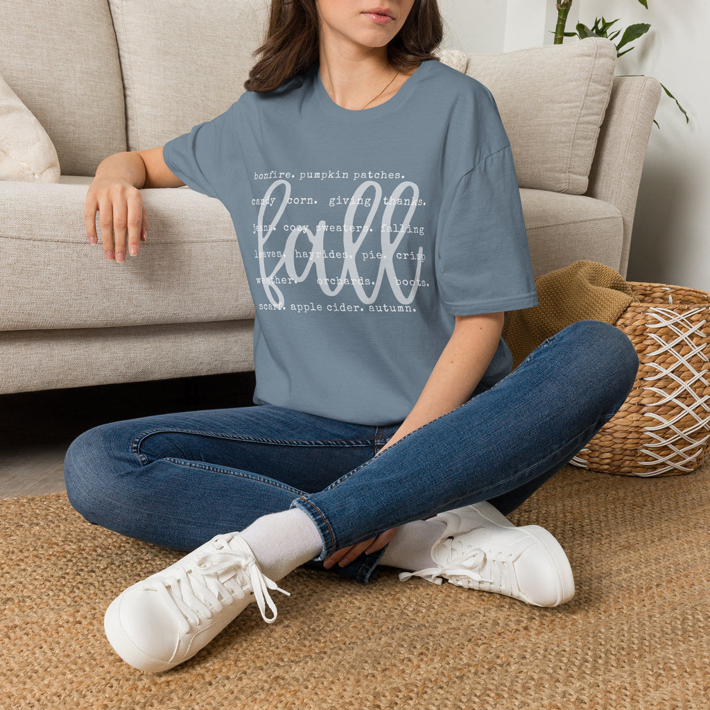 Fall Graphic T‑Shirt – Orange "fall" Script with Autumn Word Cloud