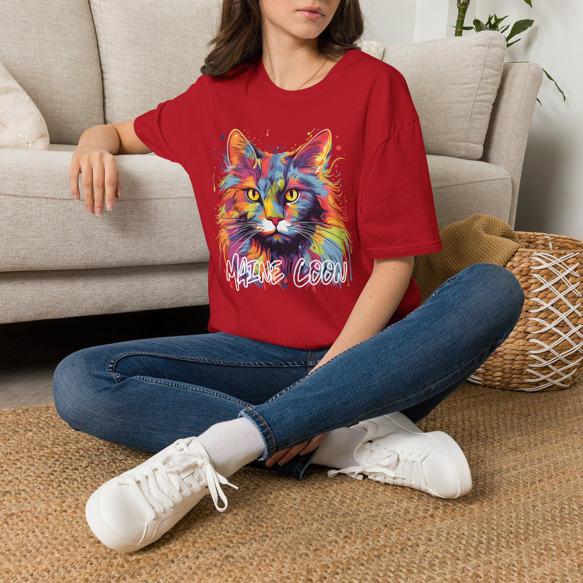 Colorful Cat Graphic T-Shirt — "Maine Coon" Vibrant Watercolor Tee