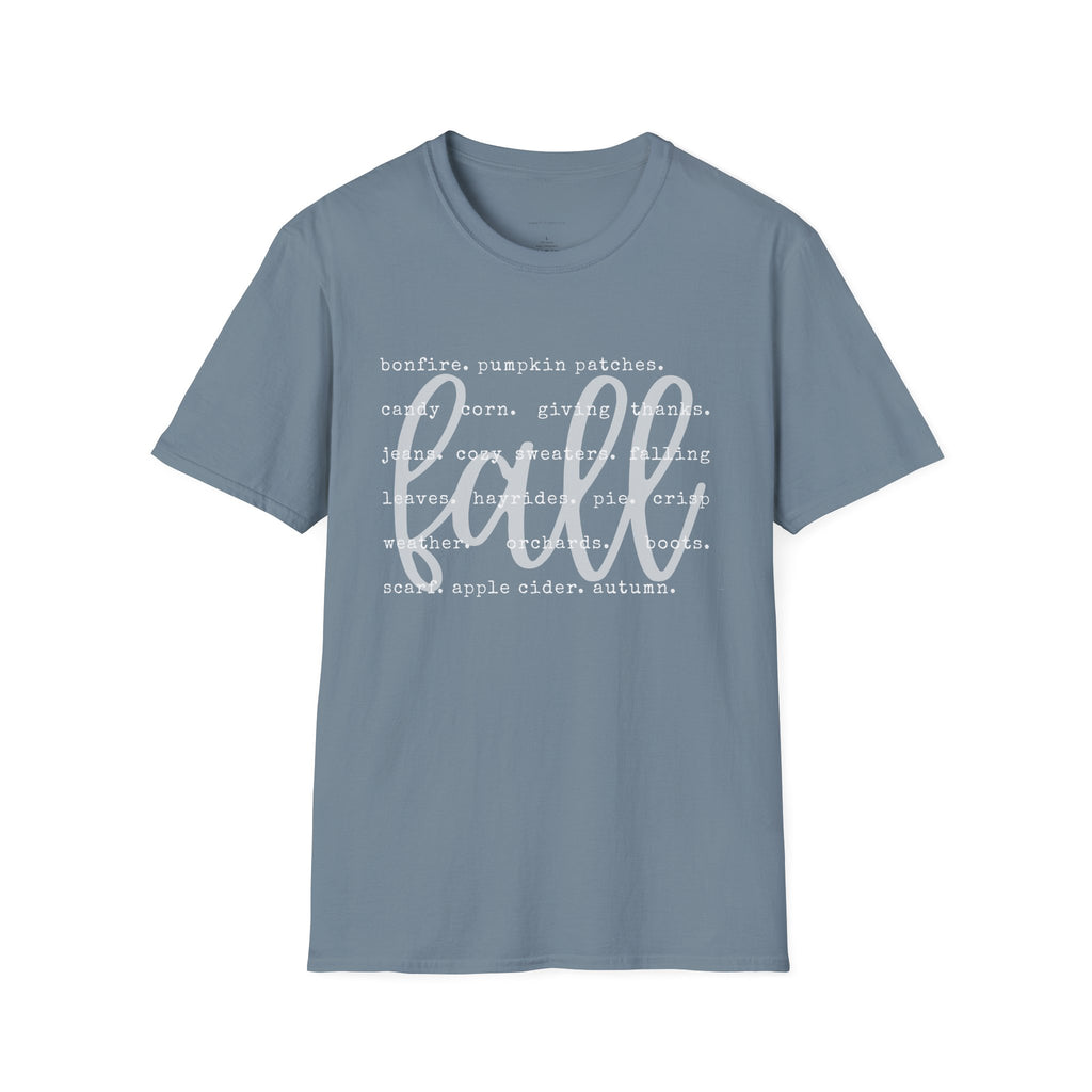 Fall Graphic T‑Shirt – Orange "fall" Script with Autumn Word Cloud
