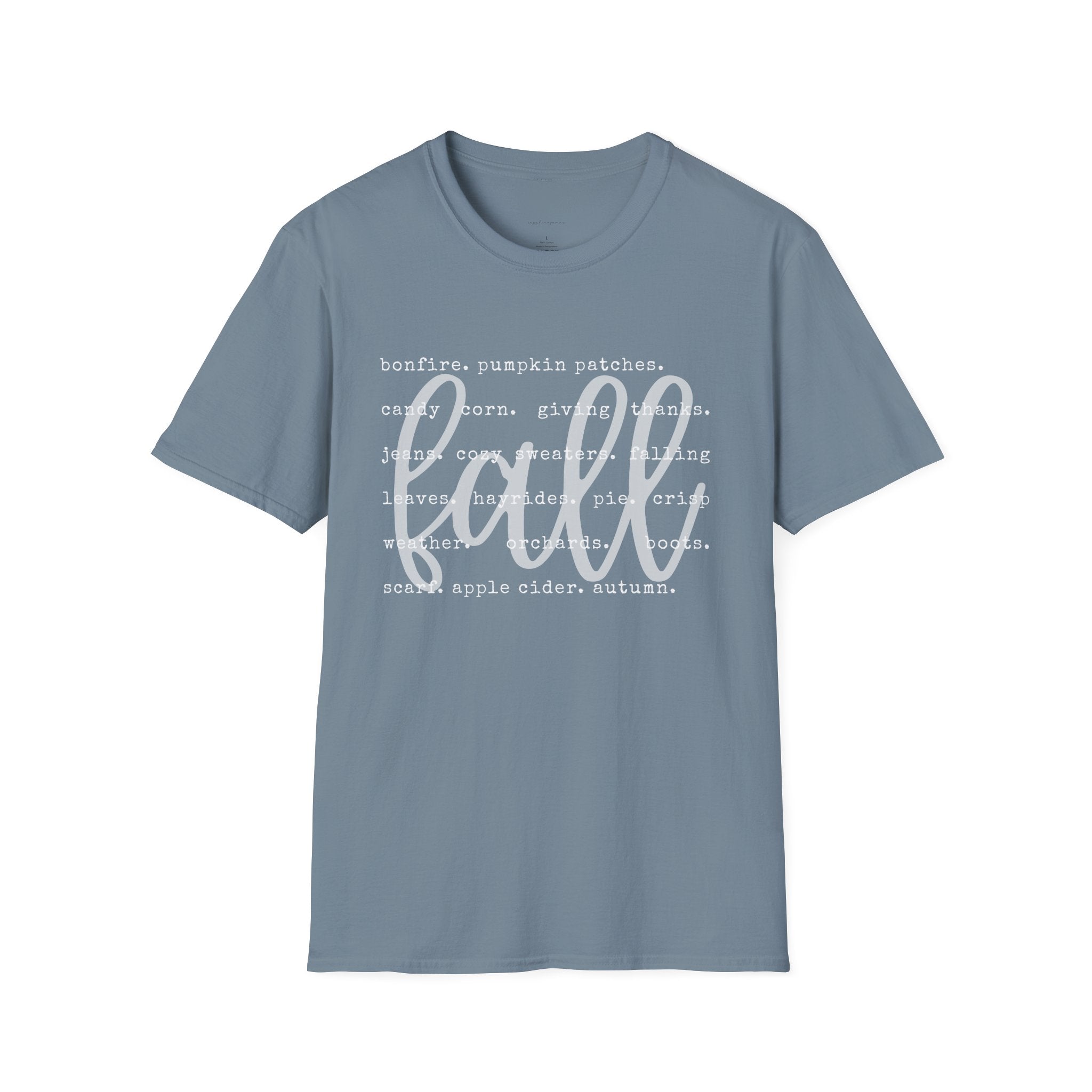 Fall Graphic T‑Shirt – Orange "fall" Script with Autumn Word Cloud