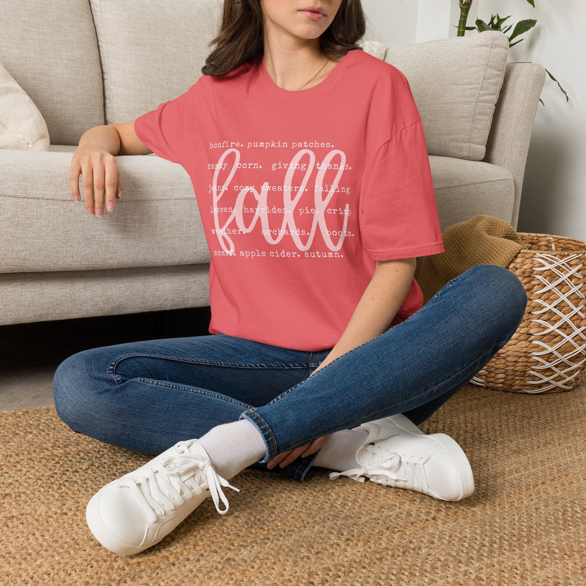 Fall Graphic T‑Shirt – Orange "fall" Script with Autumn Word Cloud