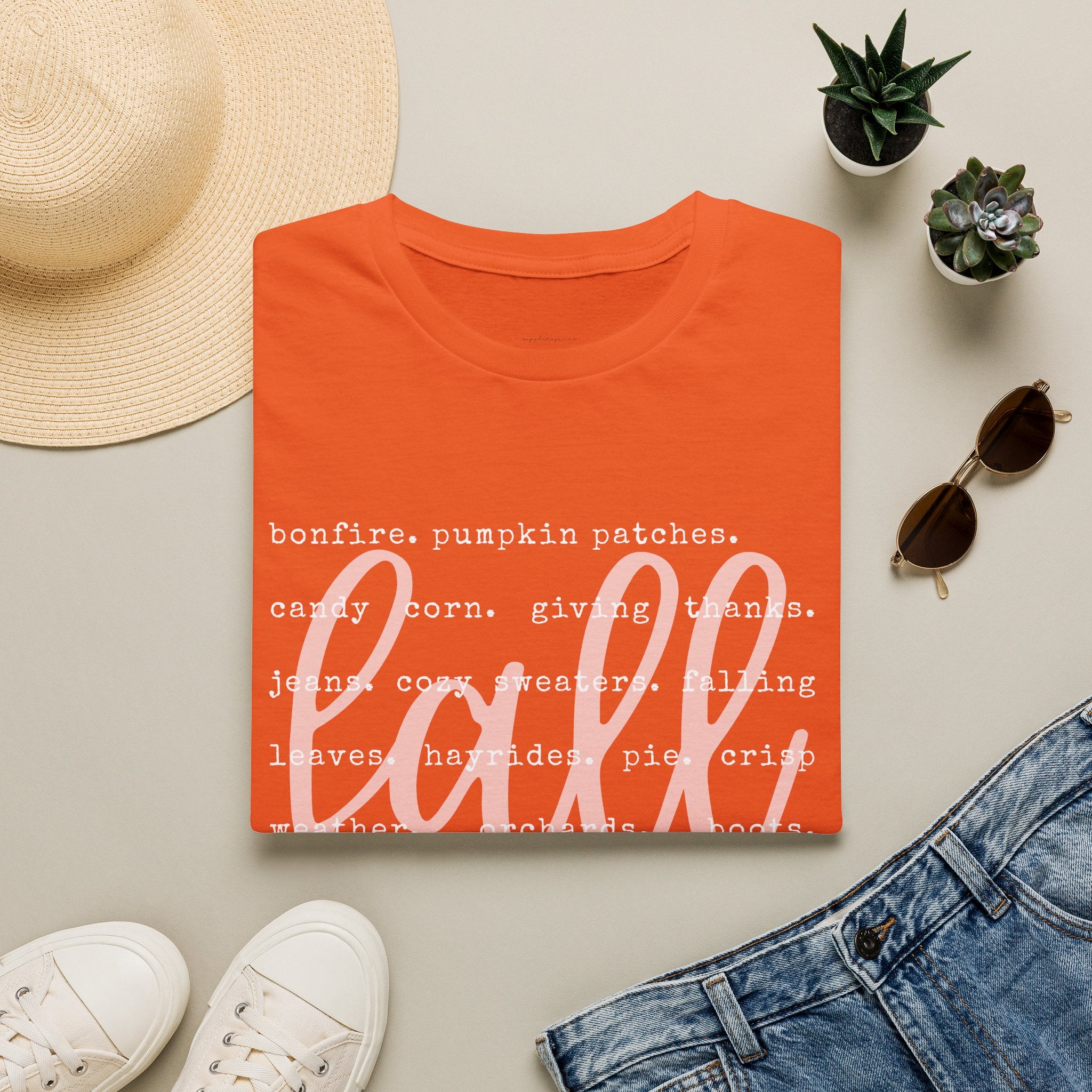 Fall Graphic T‑Shirt – Orange "fall" Script with Autumn Word Cloud