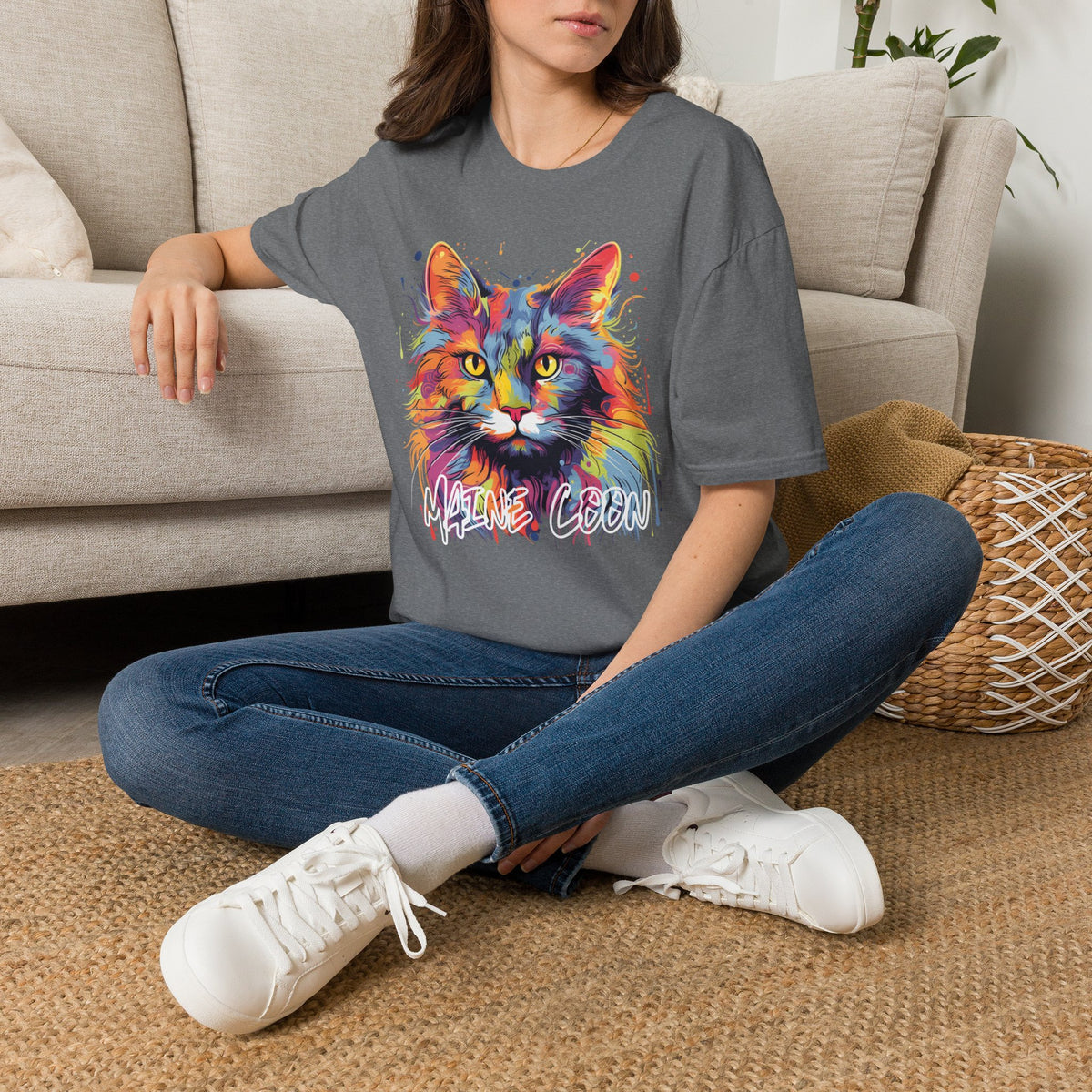 Colorful Cat Graphic T-Shirt — "Maine Coon" Vibrant Watercolor Tee
