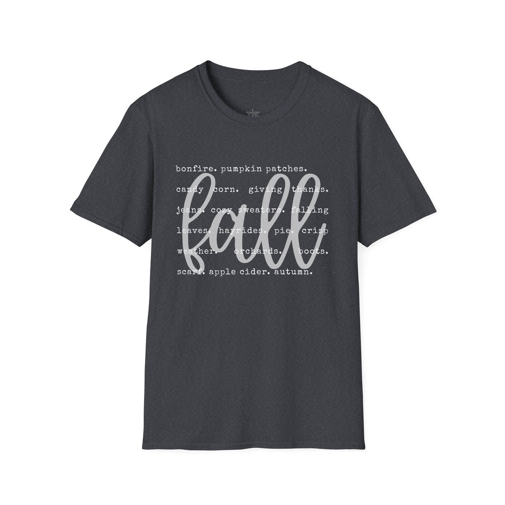 Fall Graphic T‑Shirt – Orange "fall" Script with Autumn Word Cloud