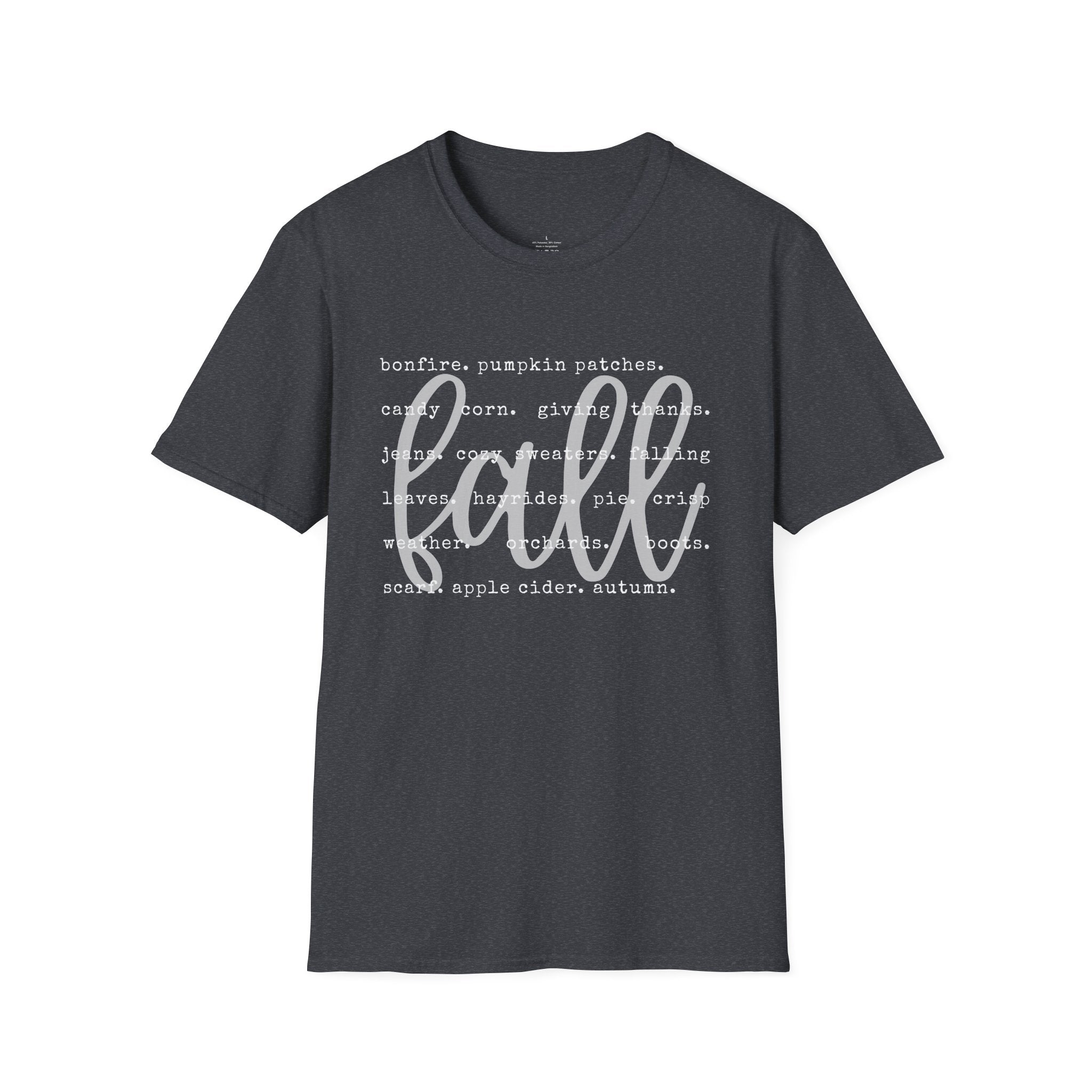 Fall Graphic T‑Shirt – Orange "fall" Script with Autumn Word Cloud