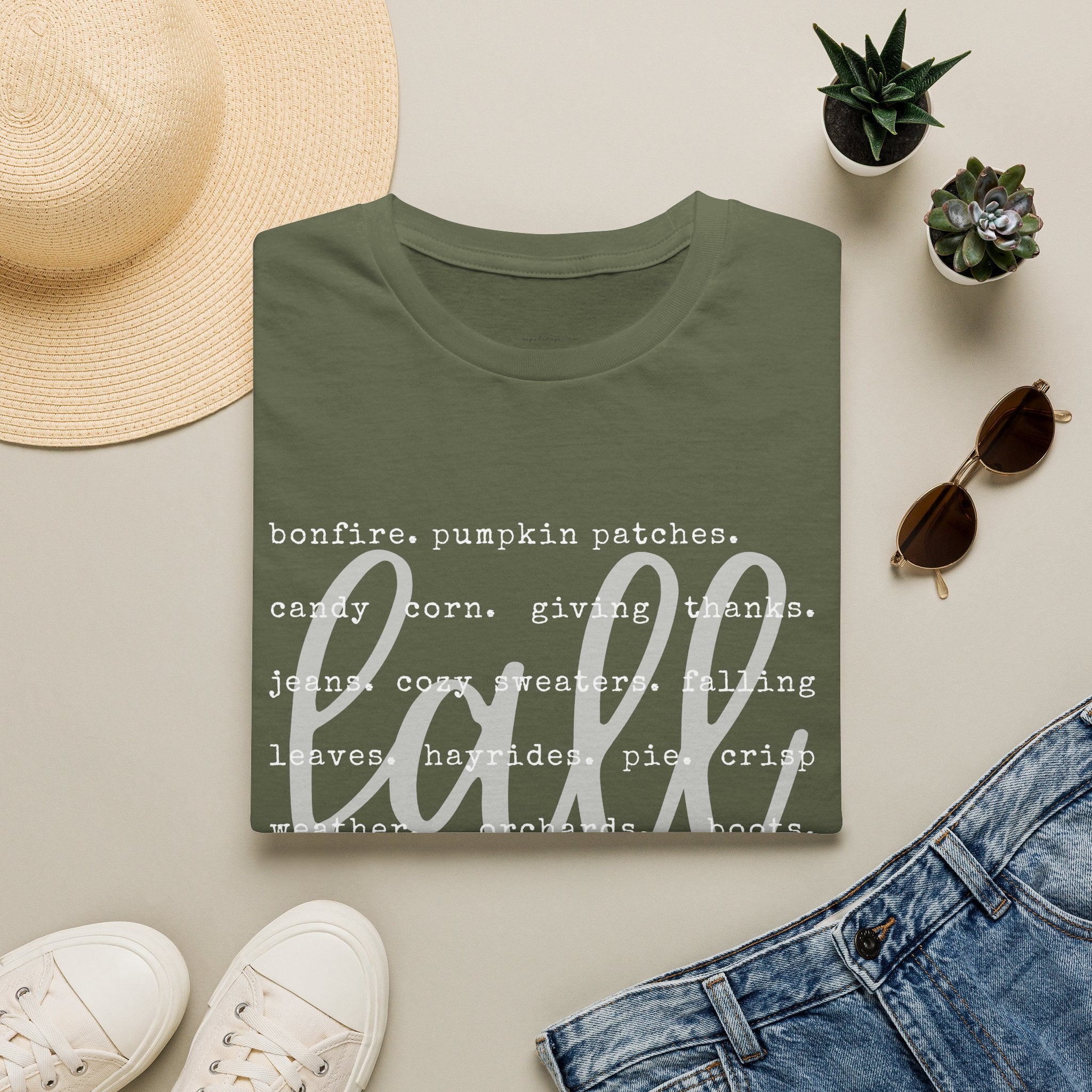 Fall Graphic T‑Shirt – Orange "fall" Script with Autumn Word Cloud