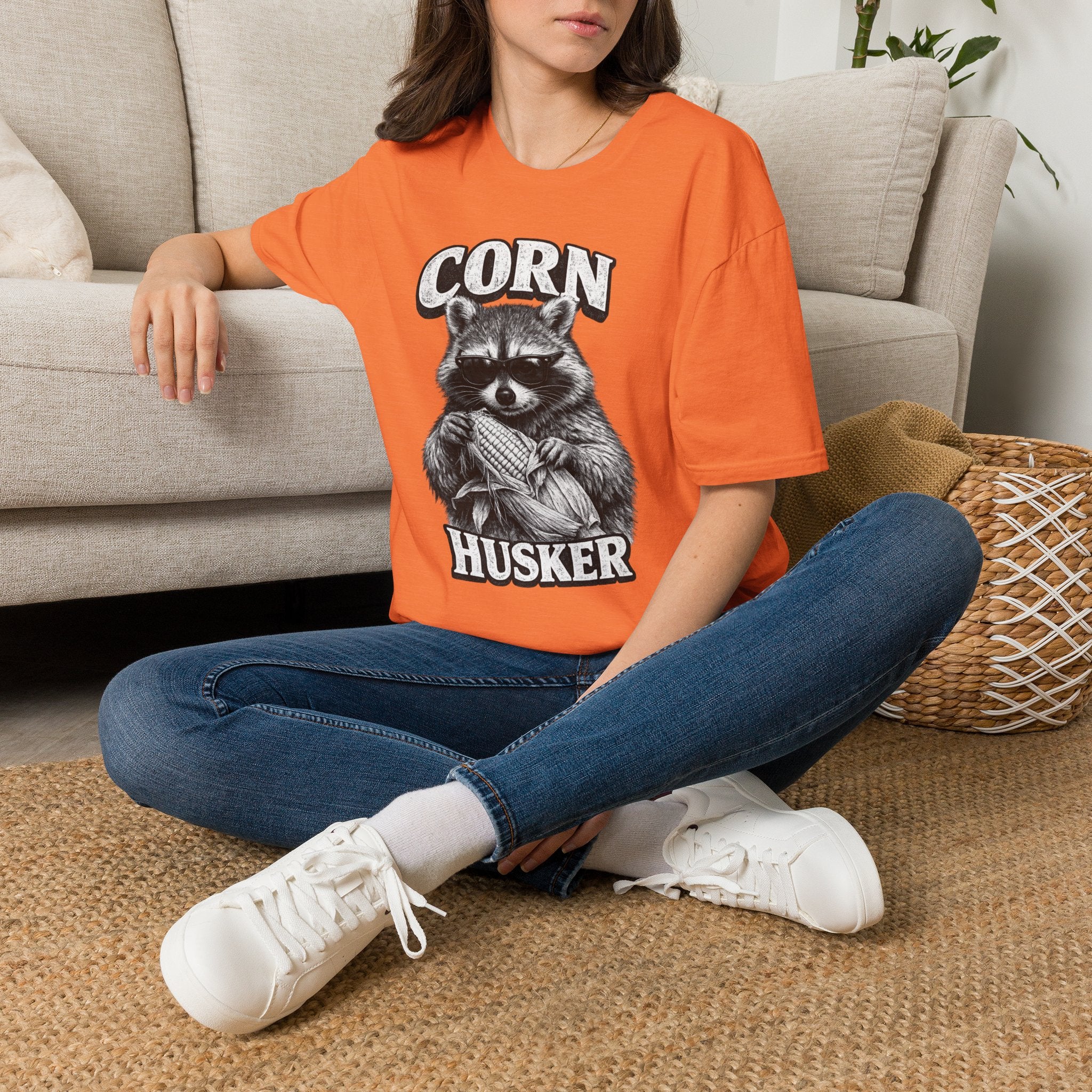 Corn Husker Raccoon T-Shirt | Vintage Mascot Graphic