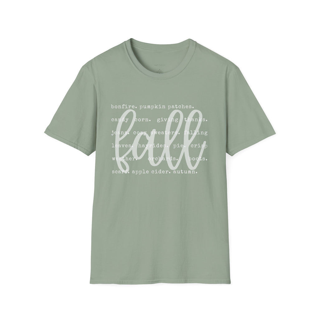 Fall Graphic T‑Shirt – Orange "fall" Script with Autumn Word Cloud