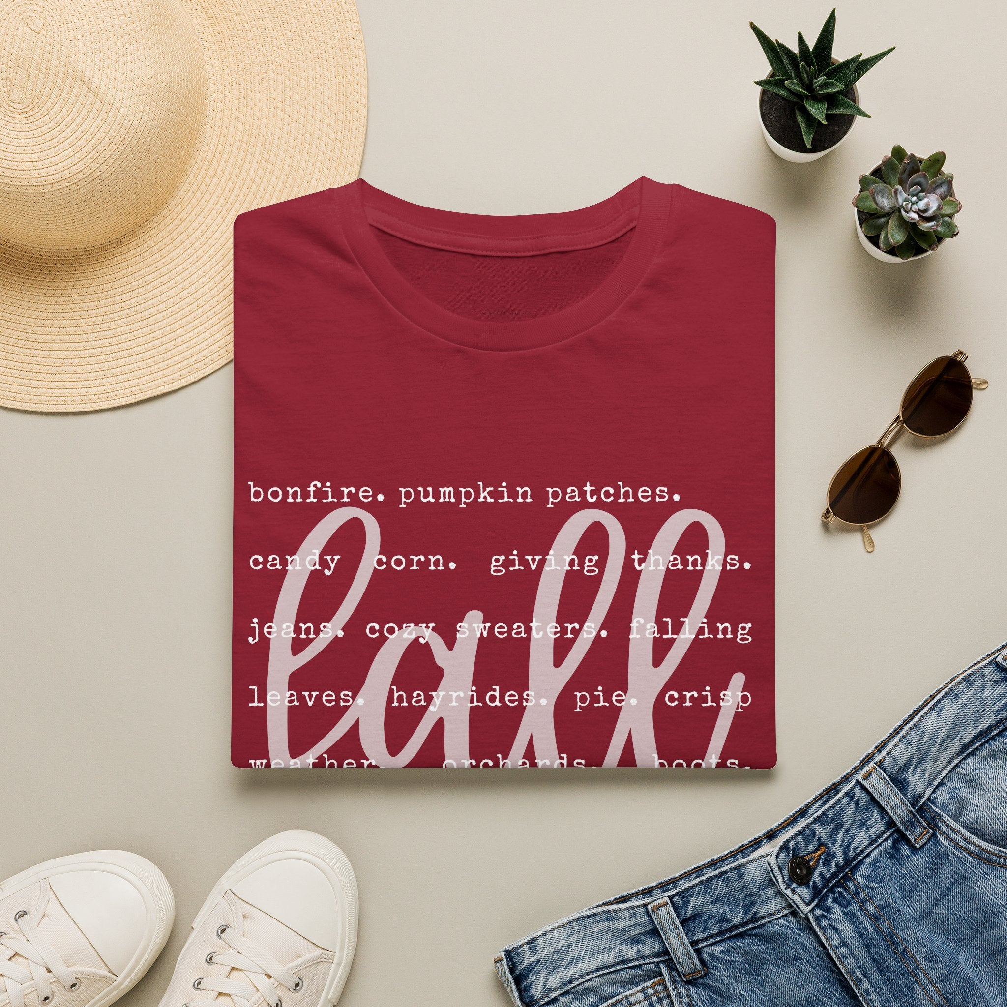 Fall Graphic T‑Shirt – Orange "fall" Script with Autumn Word Cloud