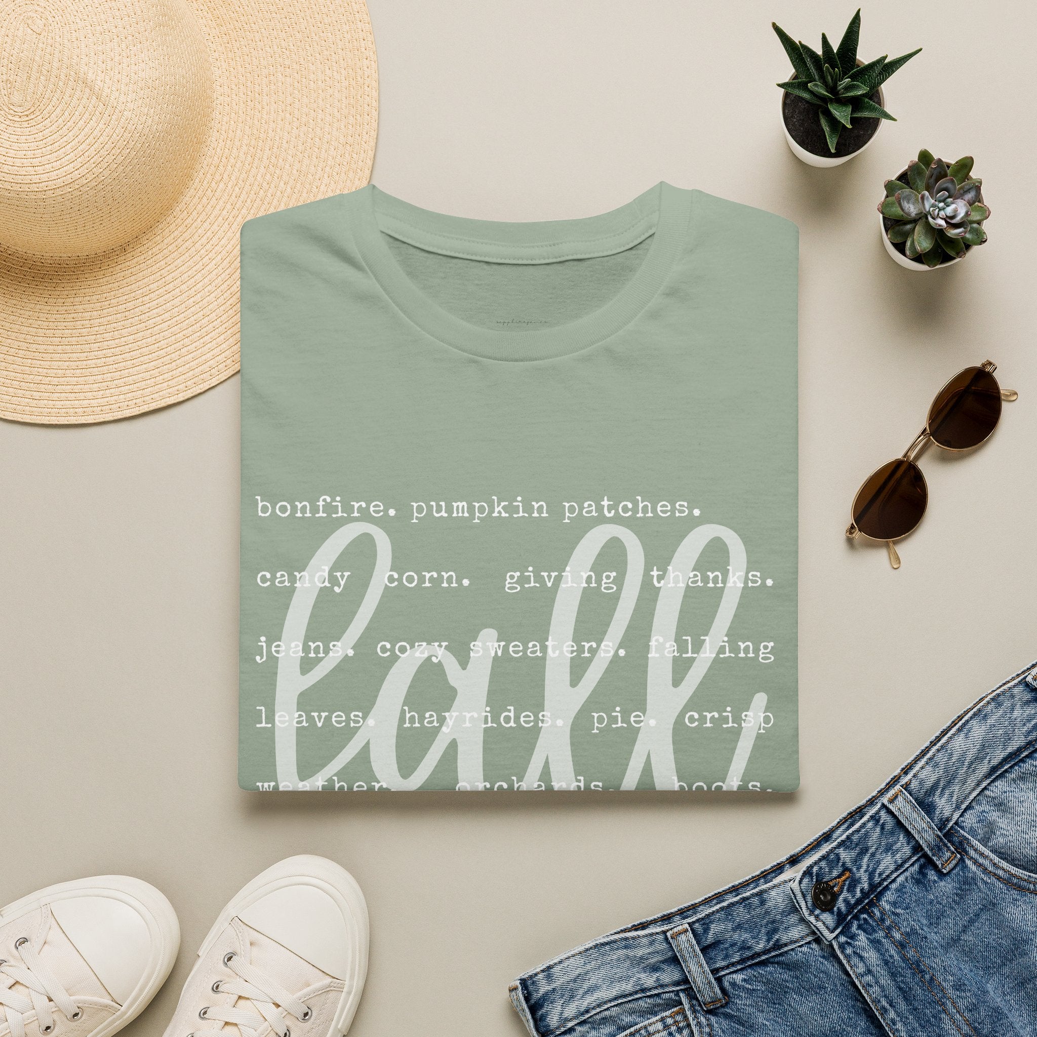 Fall Graphic T‑Shirt – Orange "fall" Script with Autumn Word Cloud