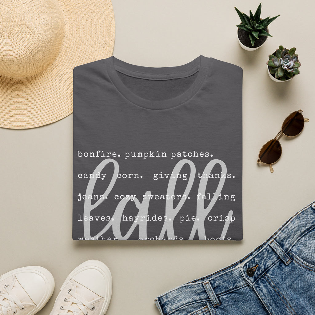 Fall Graphic T‑Shirt – Orange "fall" Script with Autumn Word Cloud