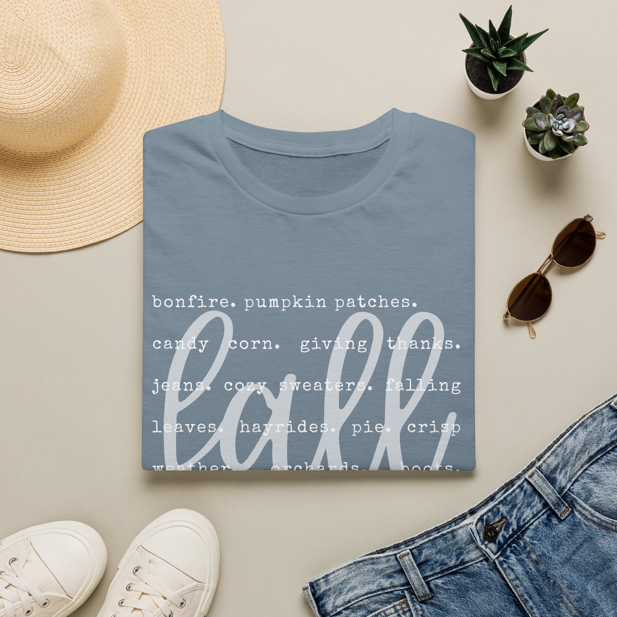 Fall Graphic T‑Shirt – Orange "fall" Script with Autumn Word Cloud