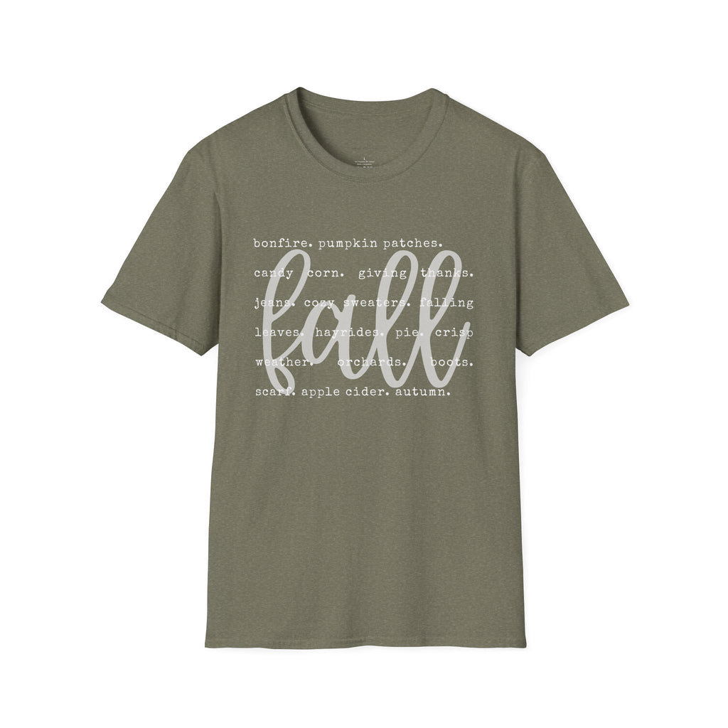 Fall Graphic T‑Shirt – Orange "fall" Script with Autumn Word Cloud