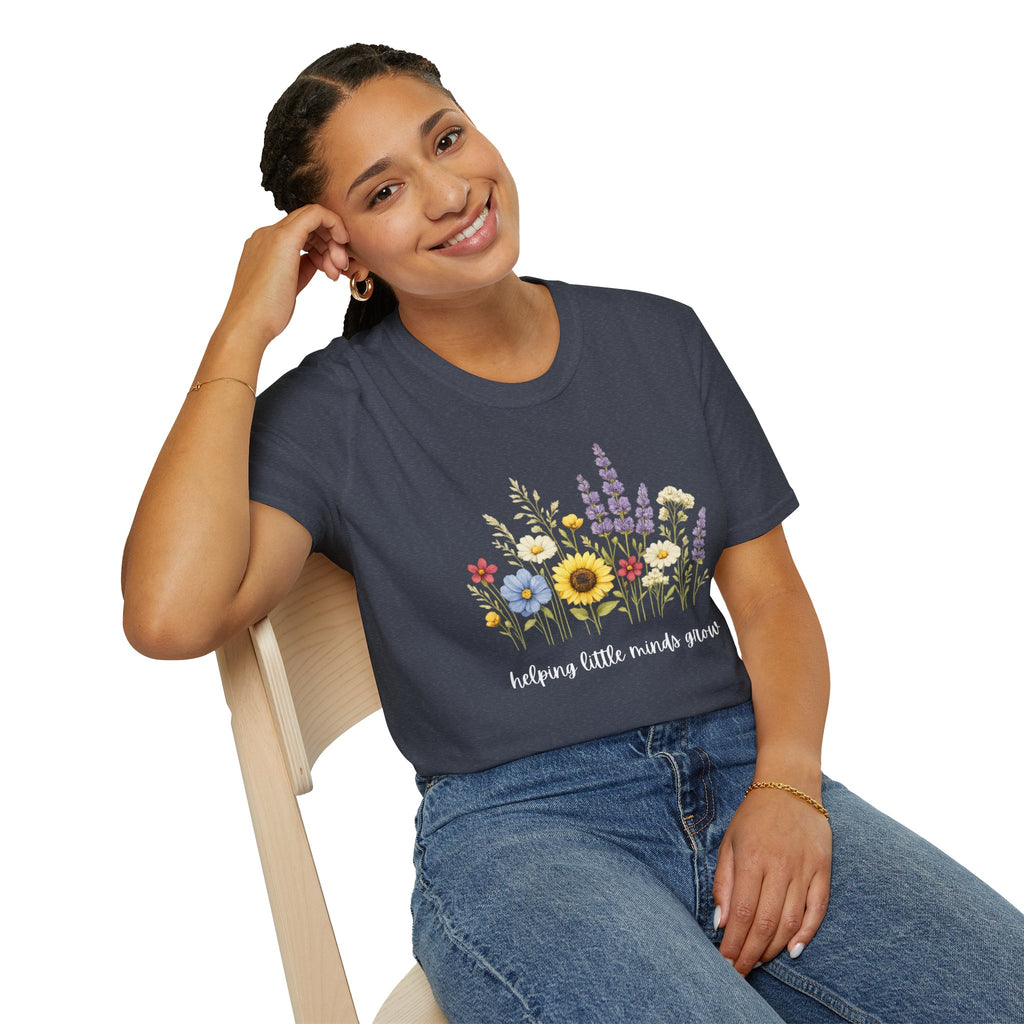 Floral Meadow Tee — "Helping Little Minds Grow" Garden Graphic T-Shirt