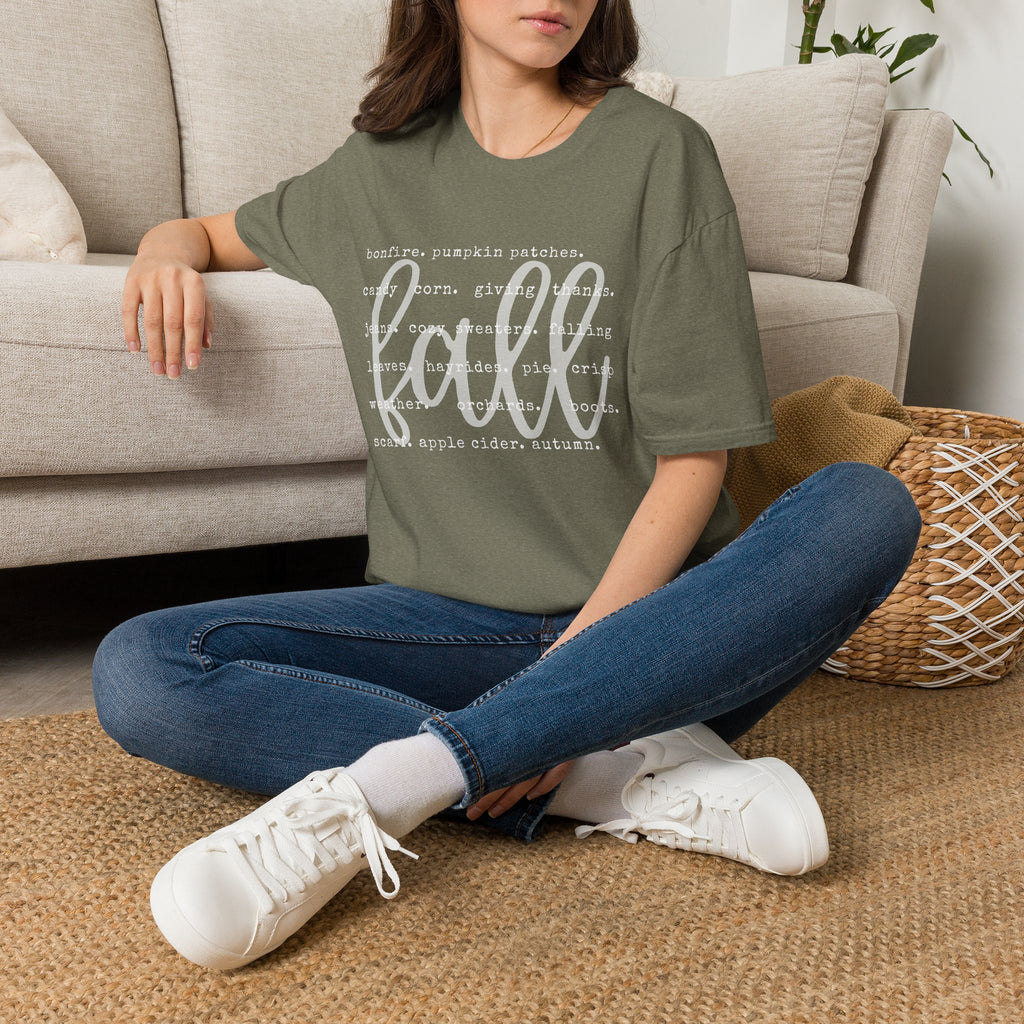 Fall Graphic T‑Shirt – Orange "fall" Script with Autumn Word Cloud