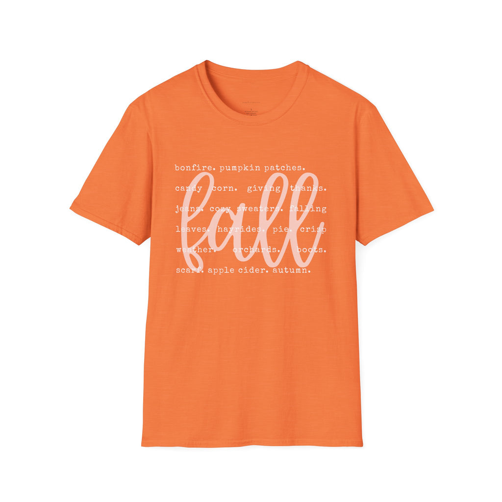 Fall Graphic T‑Shirt – Orange "fall" Script with Autumn Word Cloud