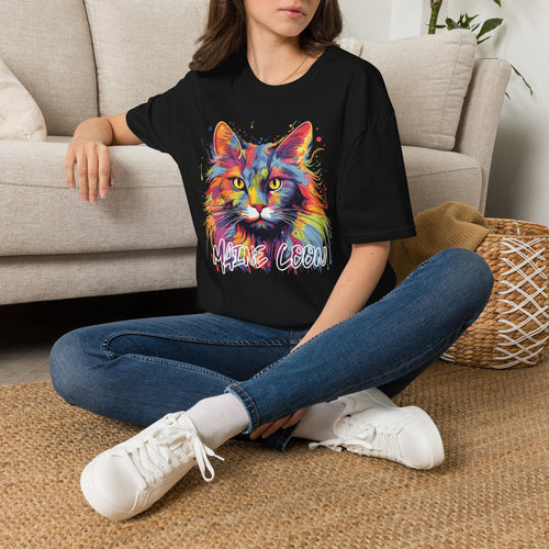 Colorful Cat Graphic T-Shirt — "Maine Coon" Vibrant Watercolor Tee