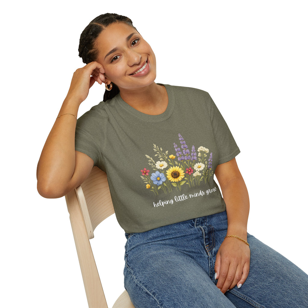 Floral Meadow Tee — "Helping Little Minds Grow" Garden Graphic T-Shirt