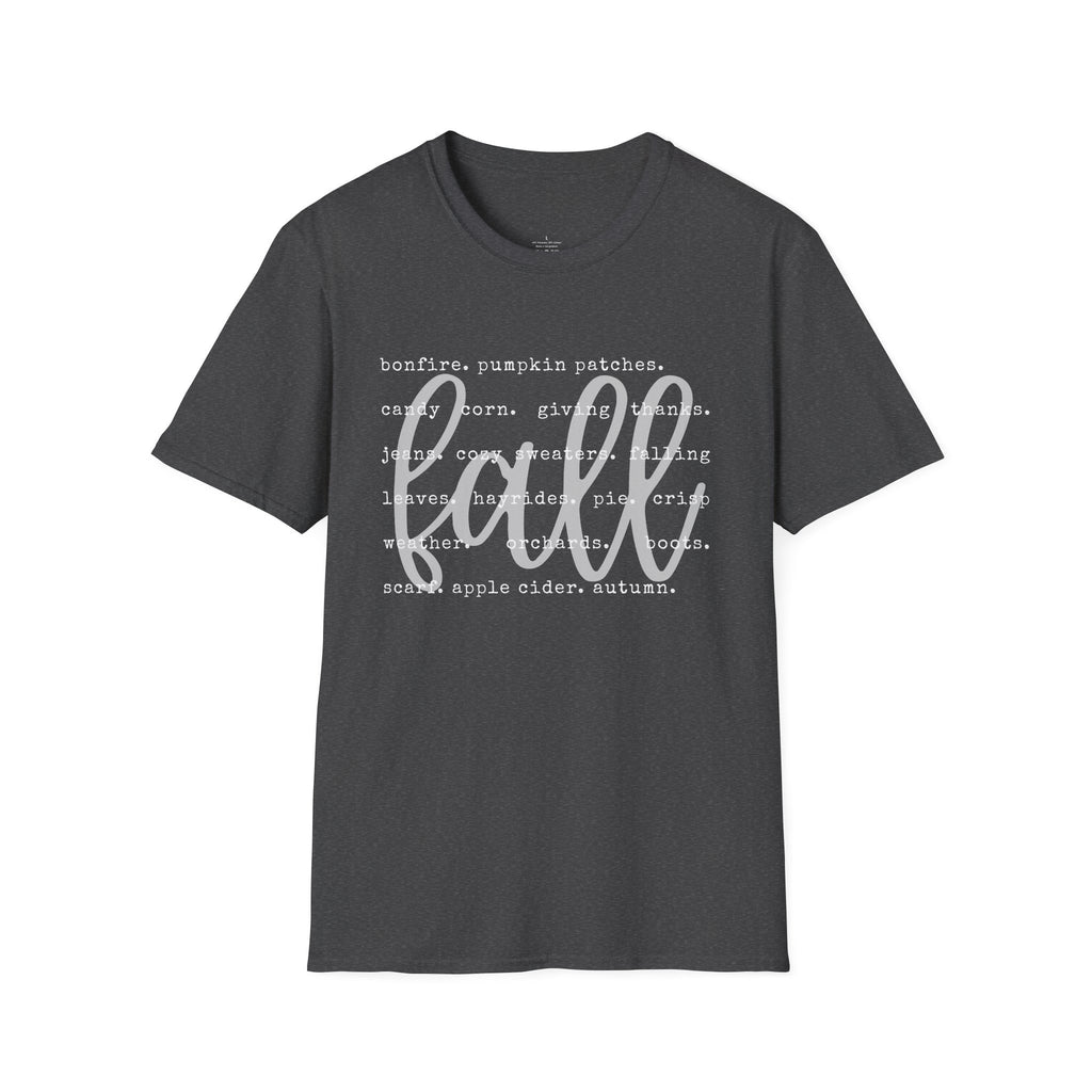 Fall Graphic T‑Shirt – Orange "fall" Script with Autumn Word Cloud
