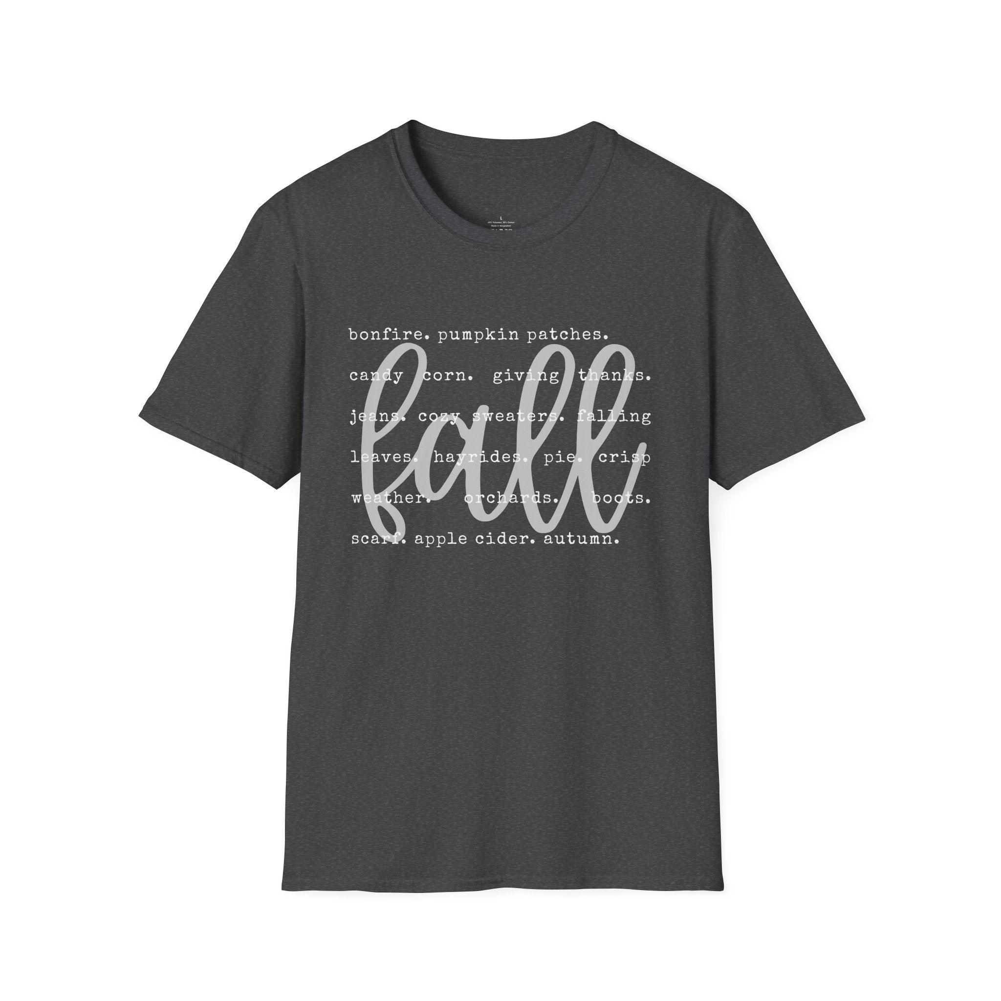 Fall Graphic T‑Shirt – Orange "fall" Script with Autumn Word Cloud