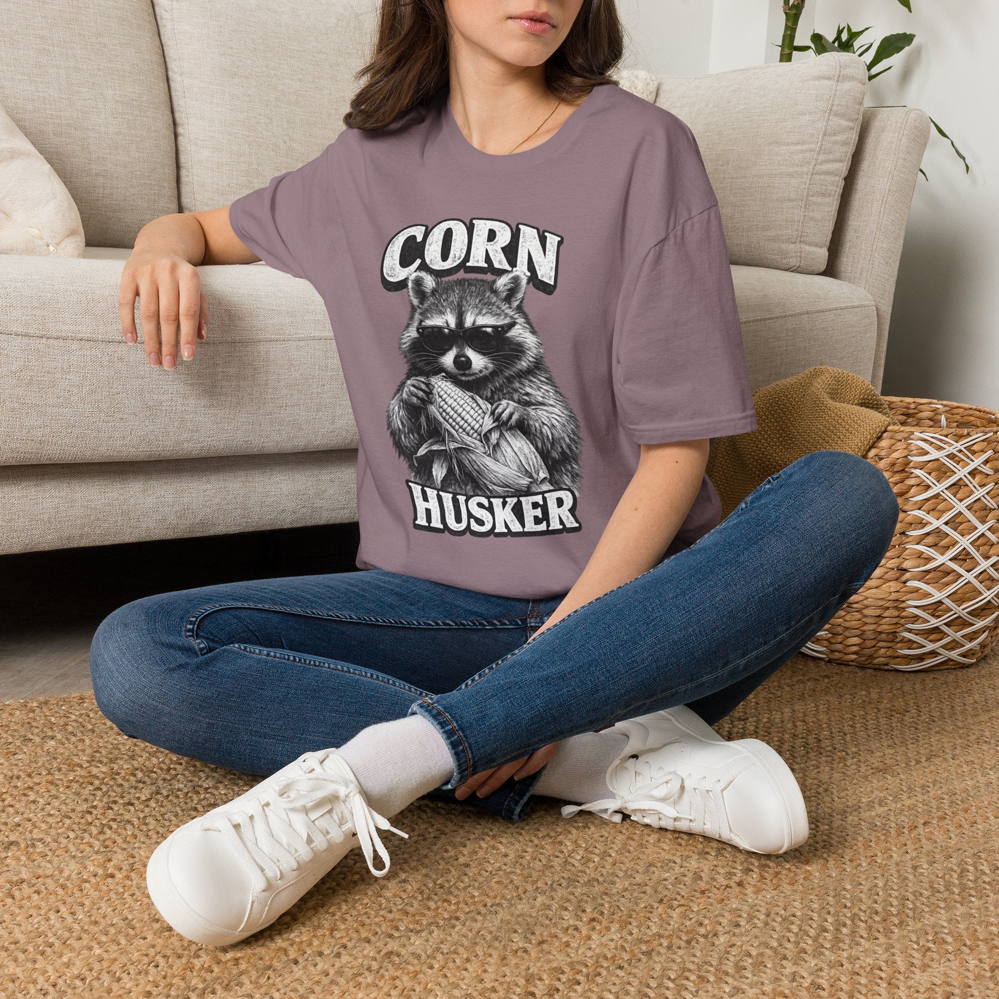 Corn Husker Raccoon T-Shirt | Vintage Mascot Graphic