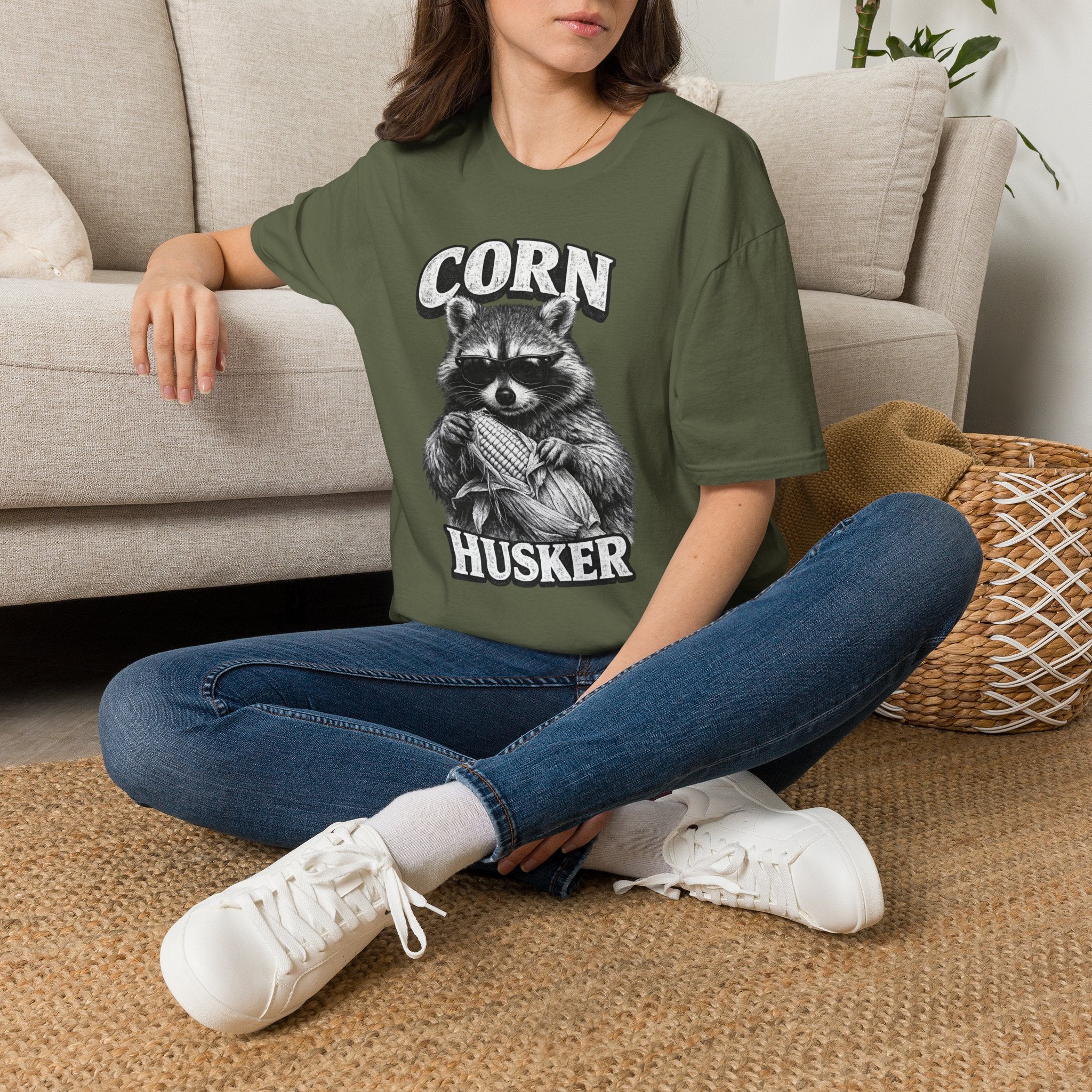 Corn Husker Raccoon T-Shirt | Vintage Mascot Graphic