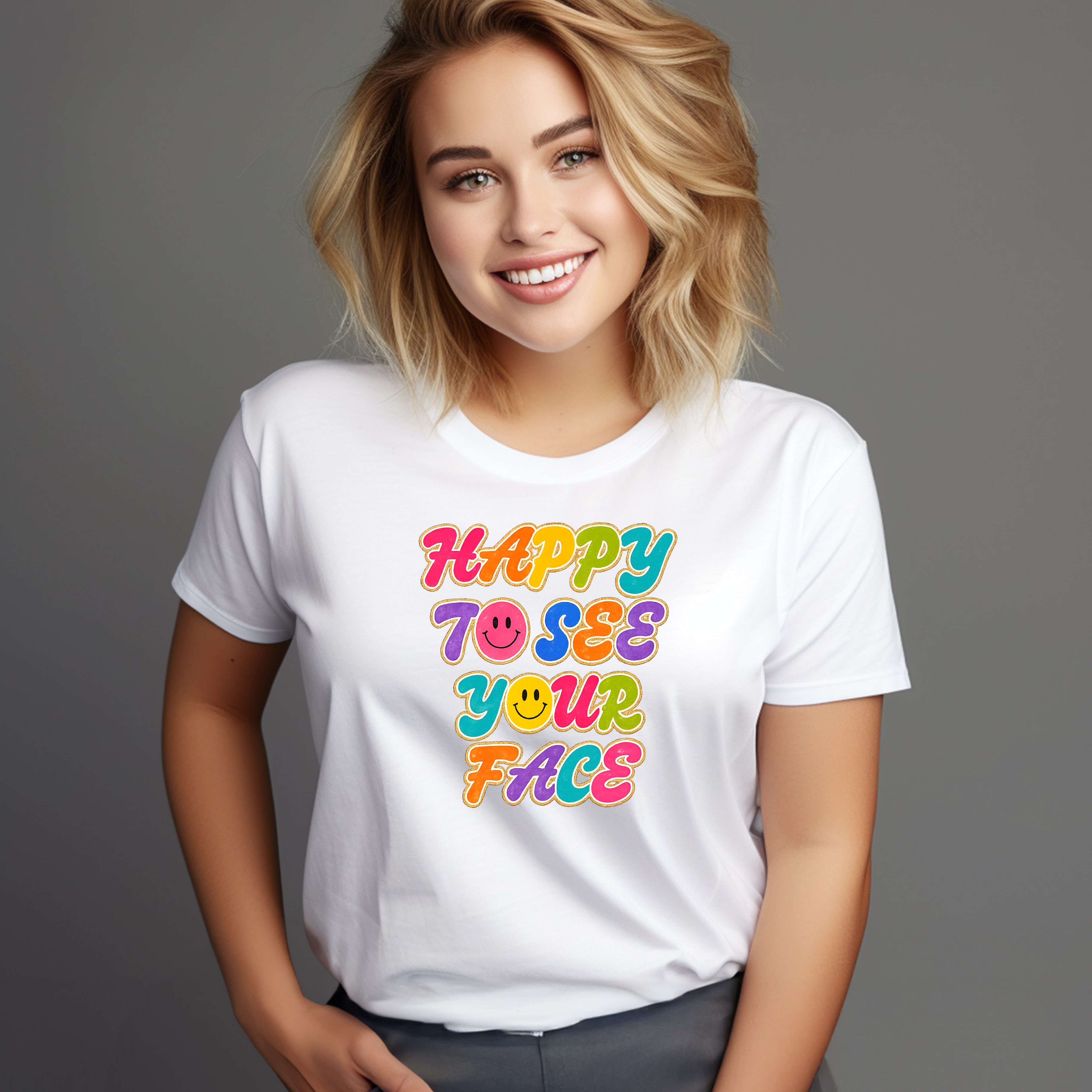 Happy To See Your Face T-Shirt — Retro Rainbow Smile Graphic Tee