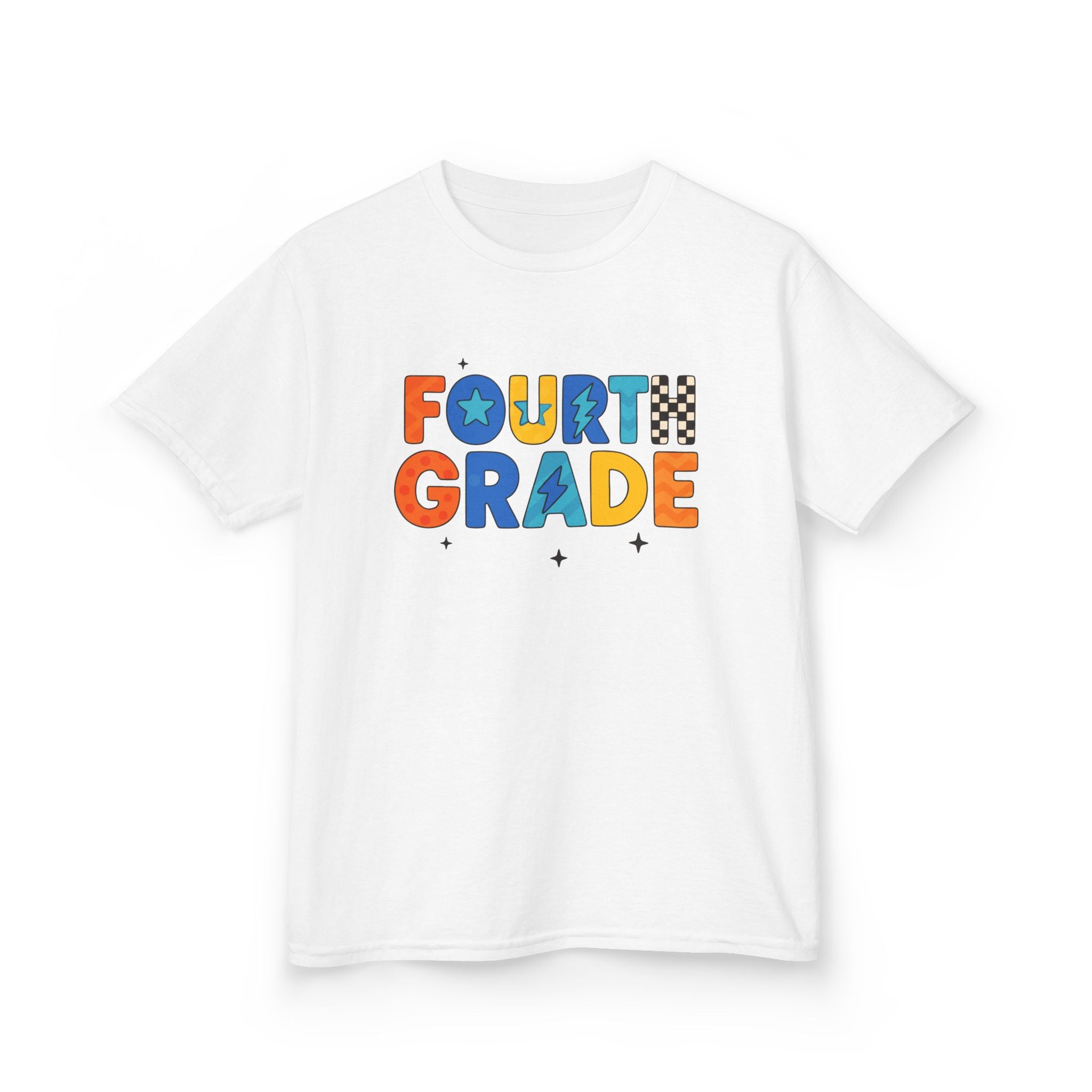 A white short-sleeve crewneck t-shirt featuring a colorful retro-style graphic that reads 'FOURTH GRADE' in multicolored letters with small decorative stars.