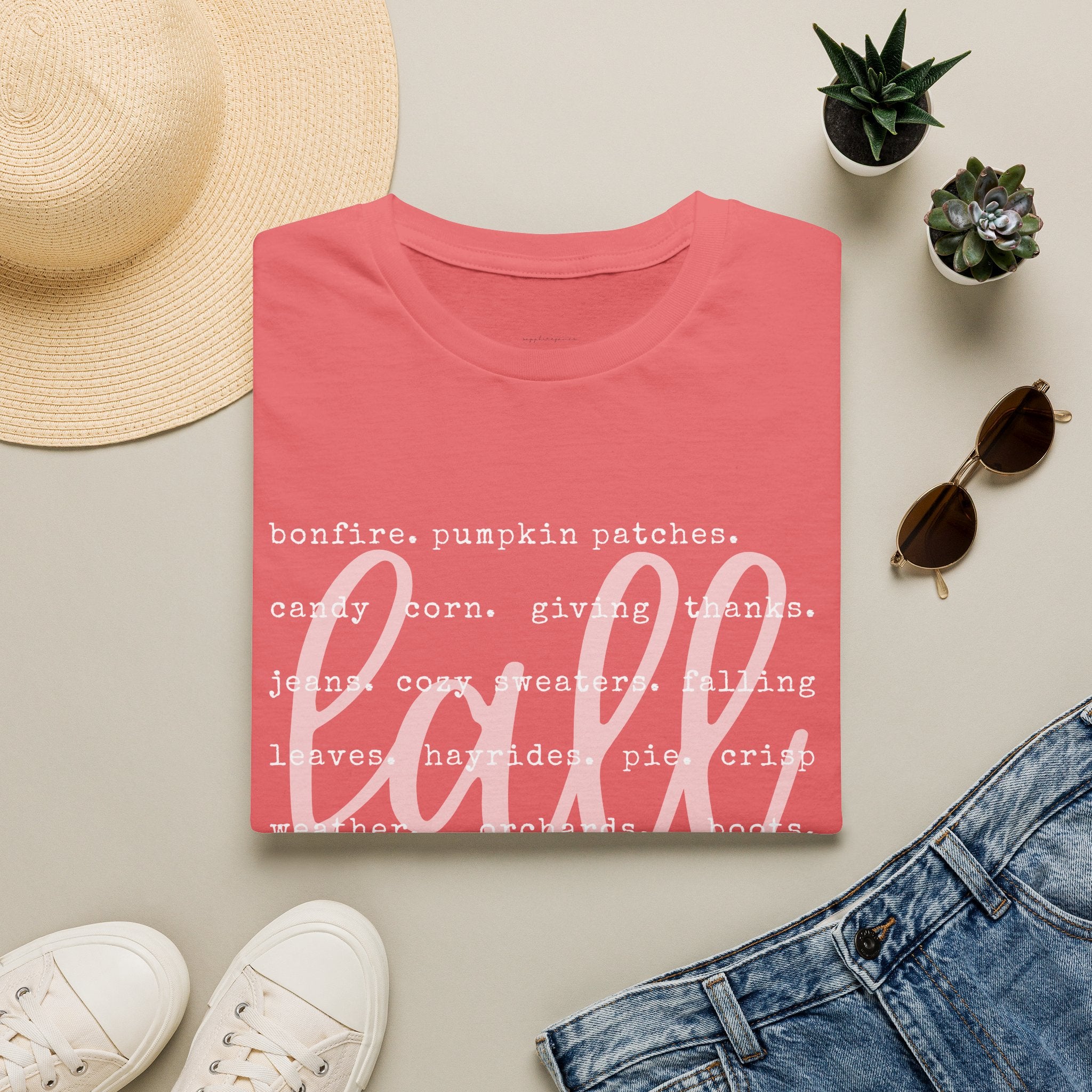 Fall Graphic T‑Shirt – Orange "fall" Script with Autumn Word Cloud