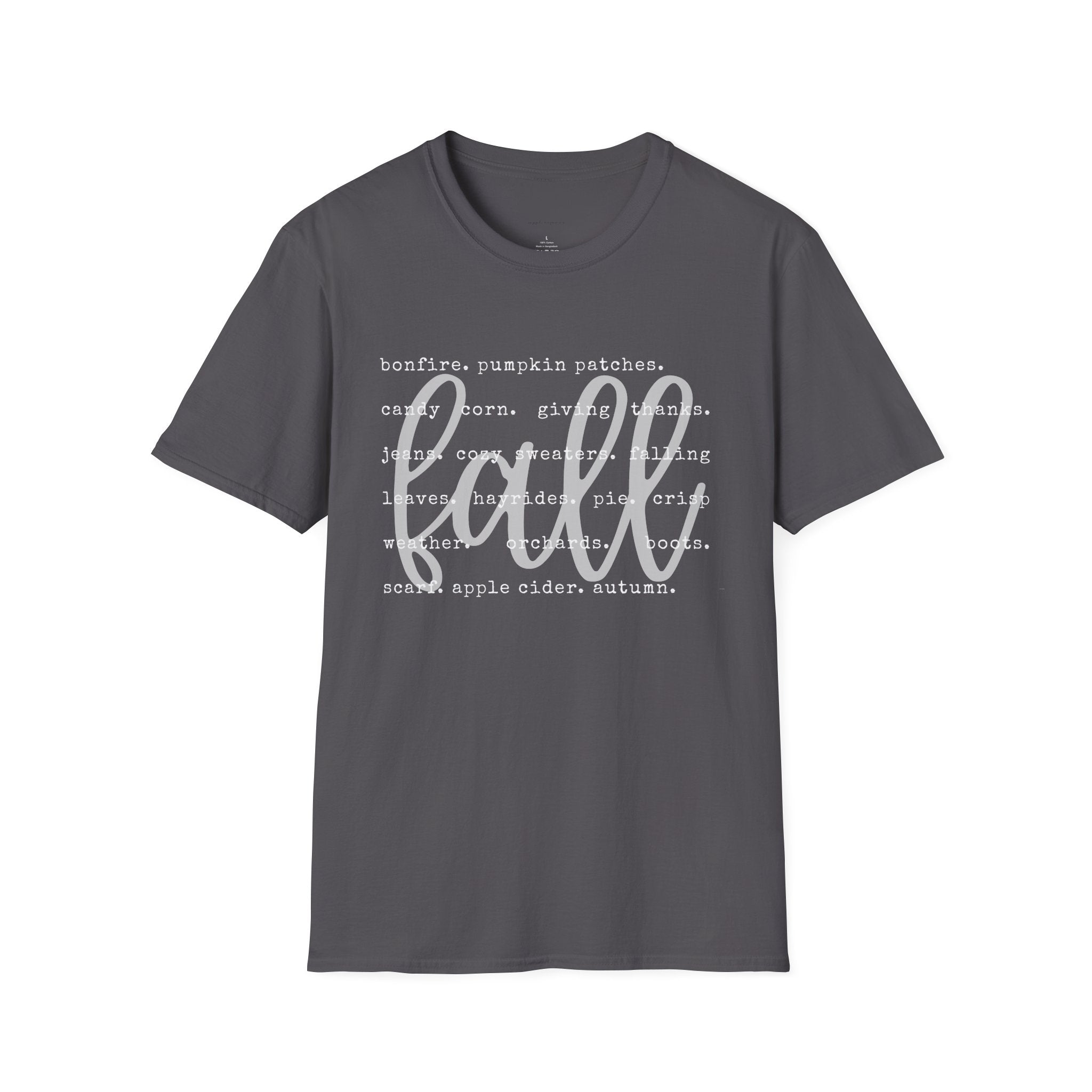 Fall Graphic T‑Shirt – Orange "fall" Script with Autumn Word Cloud