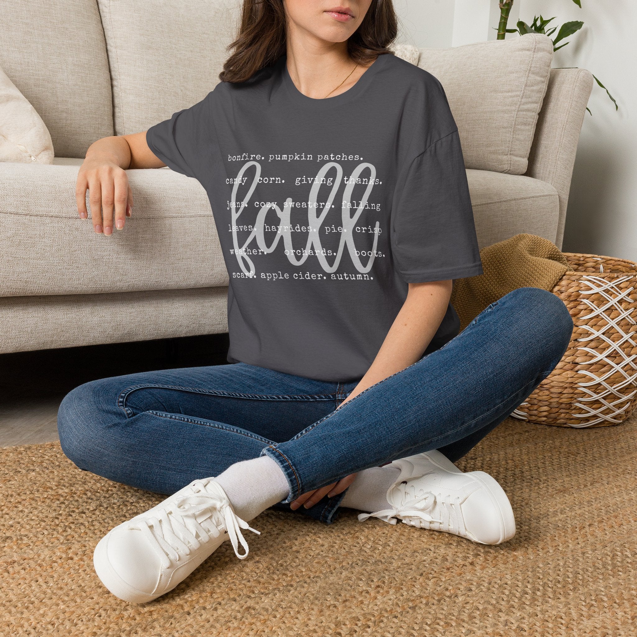 Fall Graphic T‑Shirt – Orange "fall" Script with Autumn Word Cloud