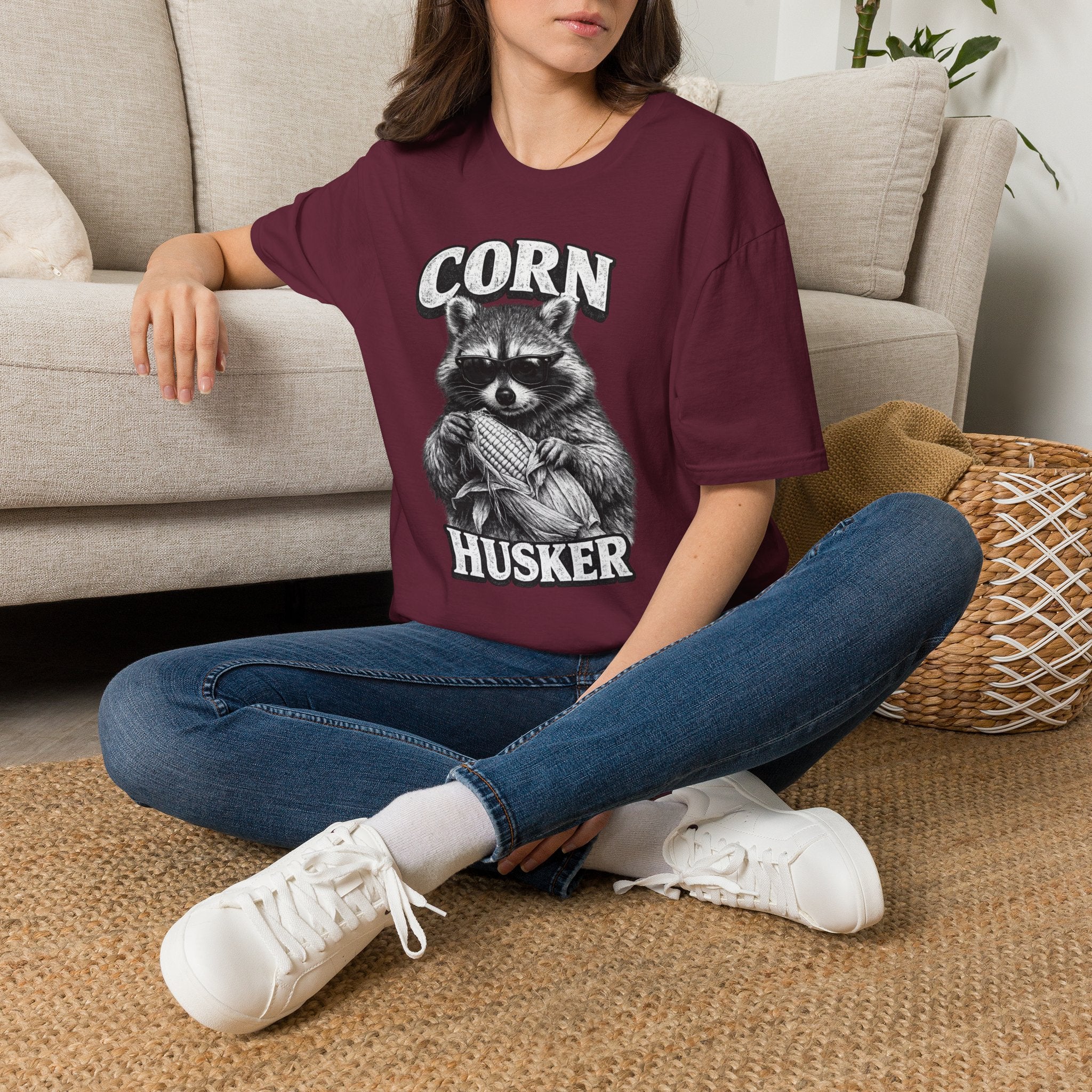 Corn Husker Raccoon T-Shirt | Vintage Mascot Graphic