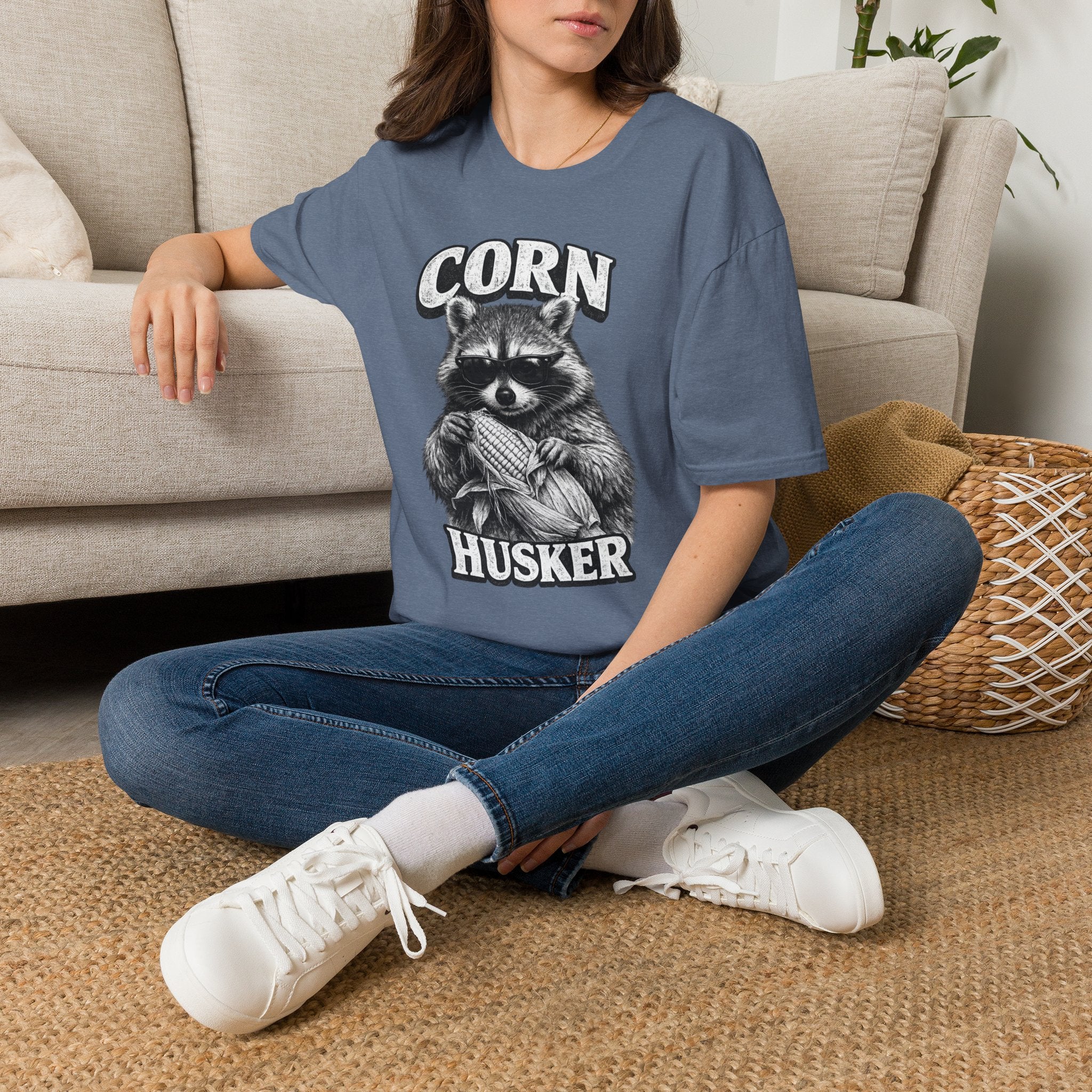 Corn Husker Raccoon T-Shirt | Vintage Mascot Graphic