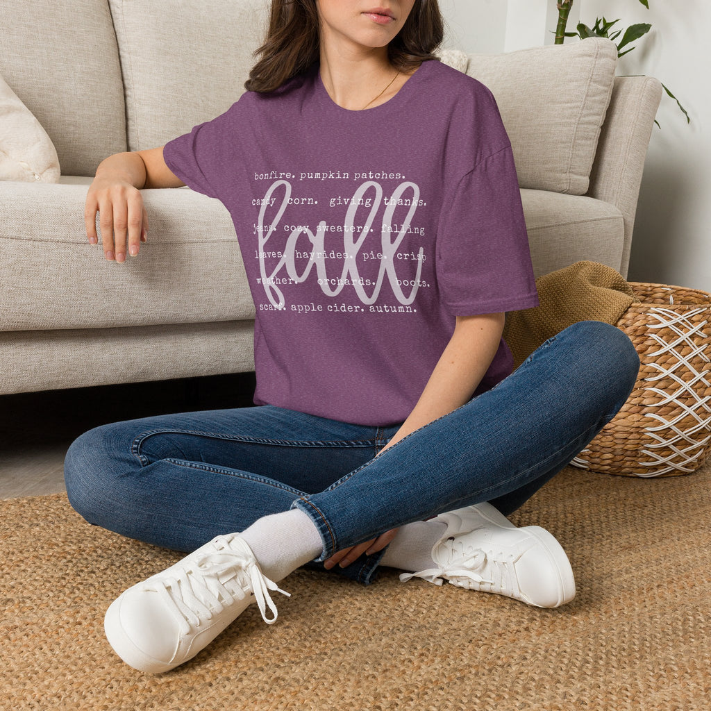 Fall Graphic T‑Shirt – Orange "fall" Script with Autumn Word Cloud