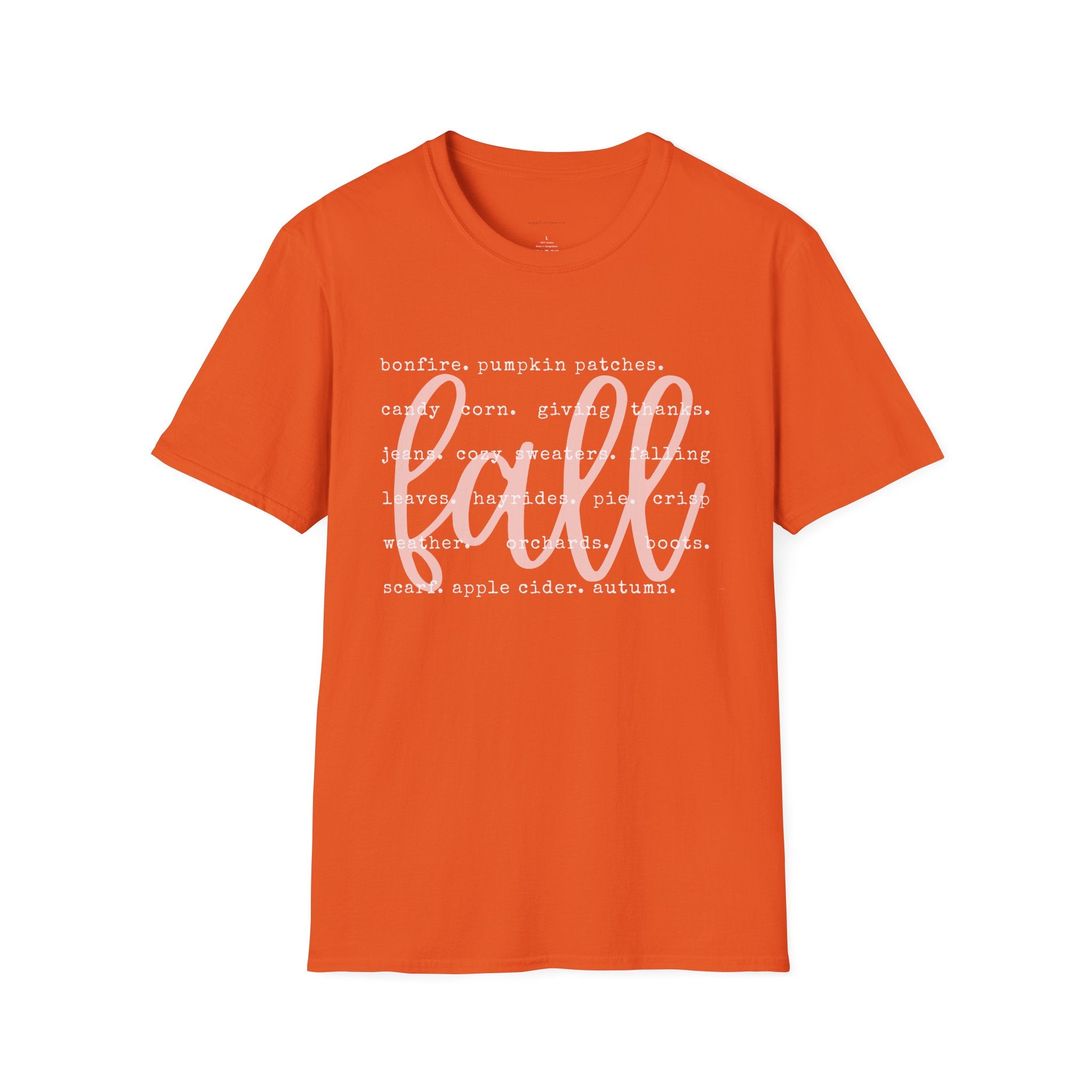 Fall Graphic T‑Shirt – Orange "fall" Script with Autumn Word Cloud