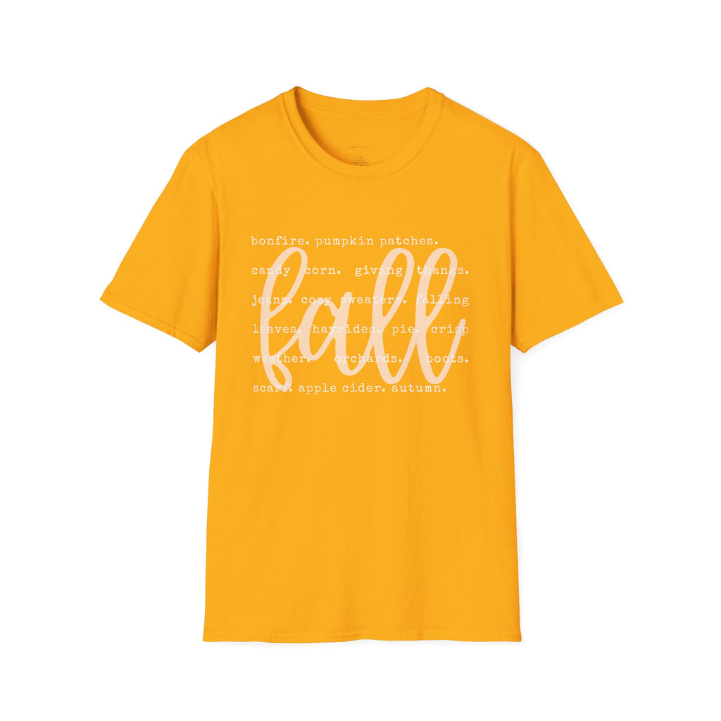 Fall Graphic T‑Shirt – Orange "fall" Script with Autumn Word Cloud