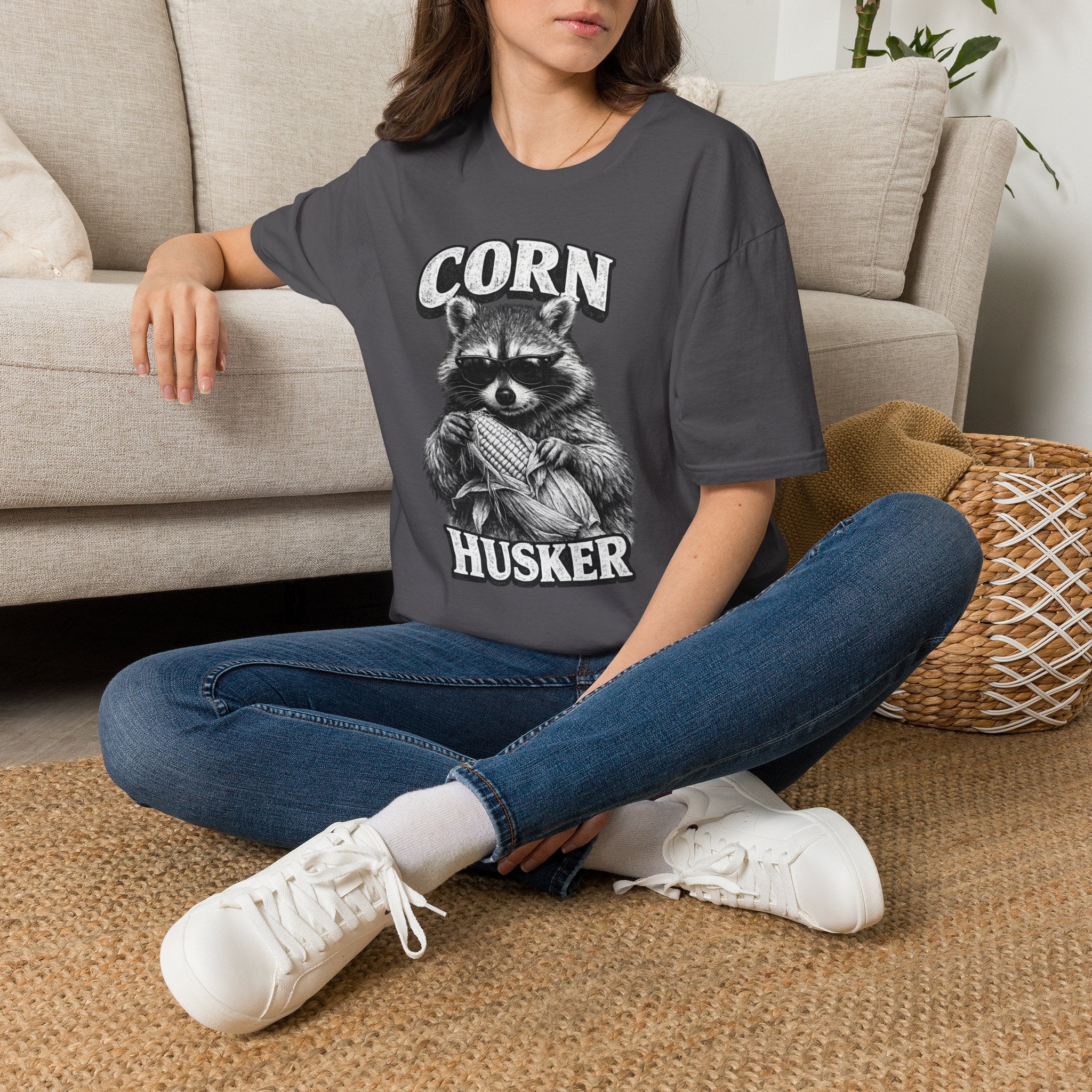 Corn Husker Raccoon T-Shirt | Vintage Mascot Graphic