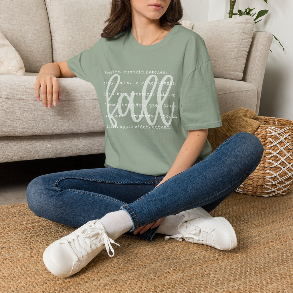 Fall Graphic T‑Shirt – Orange "fall" Script with Autumn Word Cloud