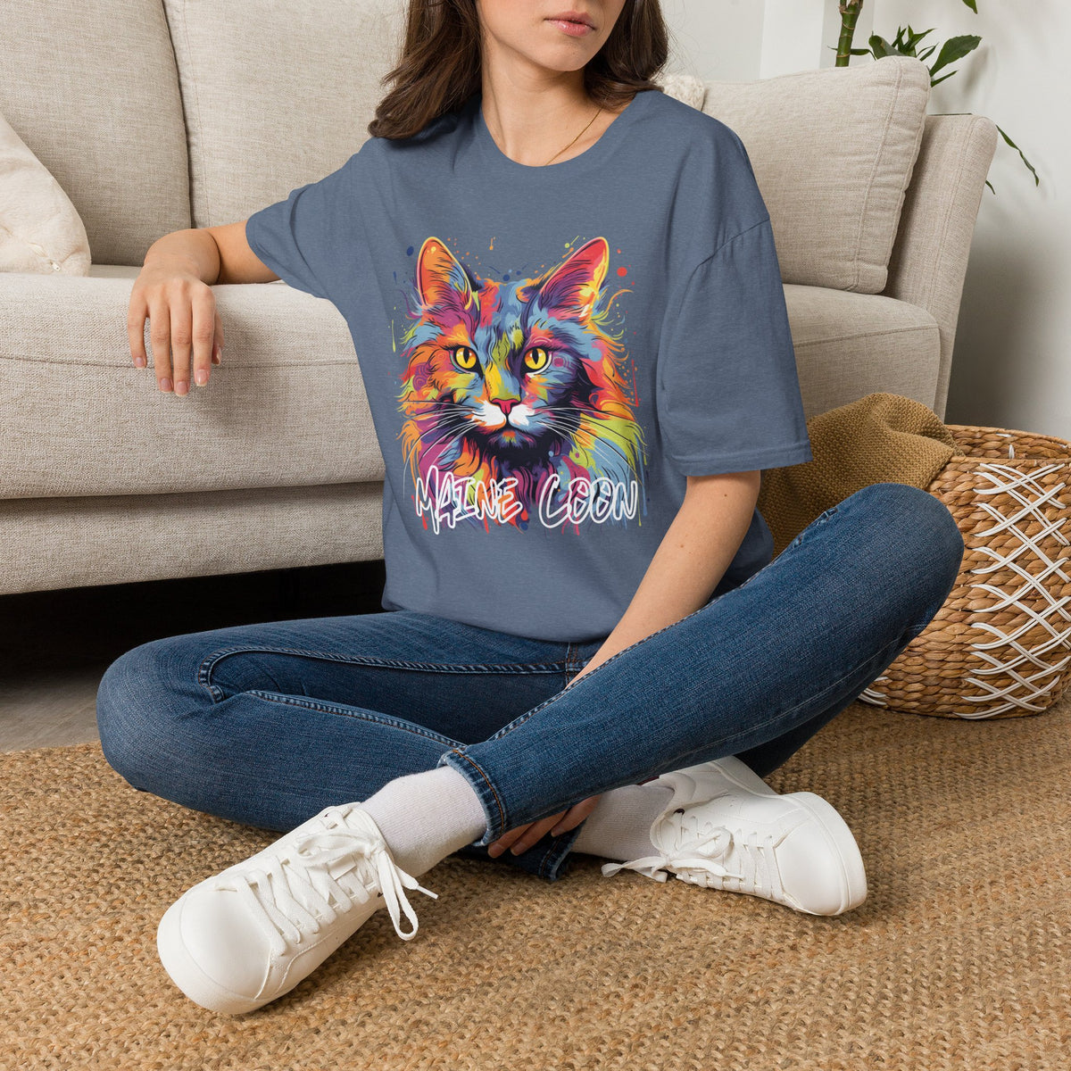 Colorful Cat Graphic T-Shirt — "Maine Coon" Vibrant Watercolor Tee