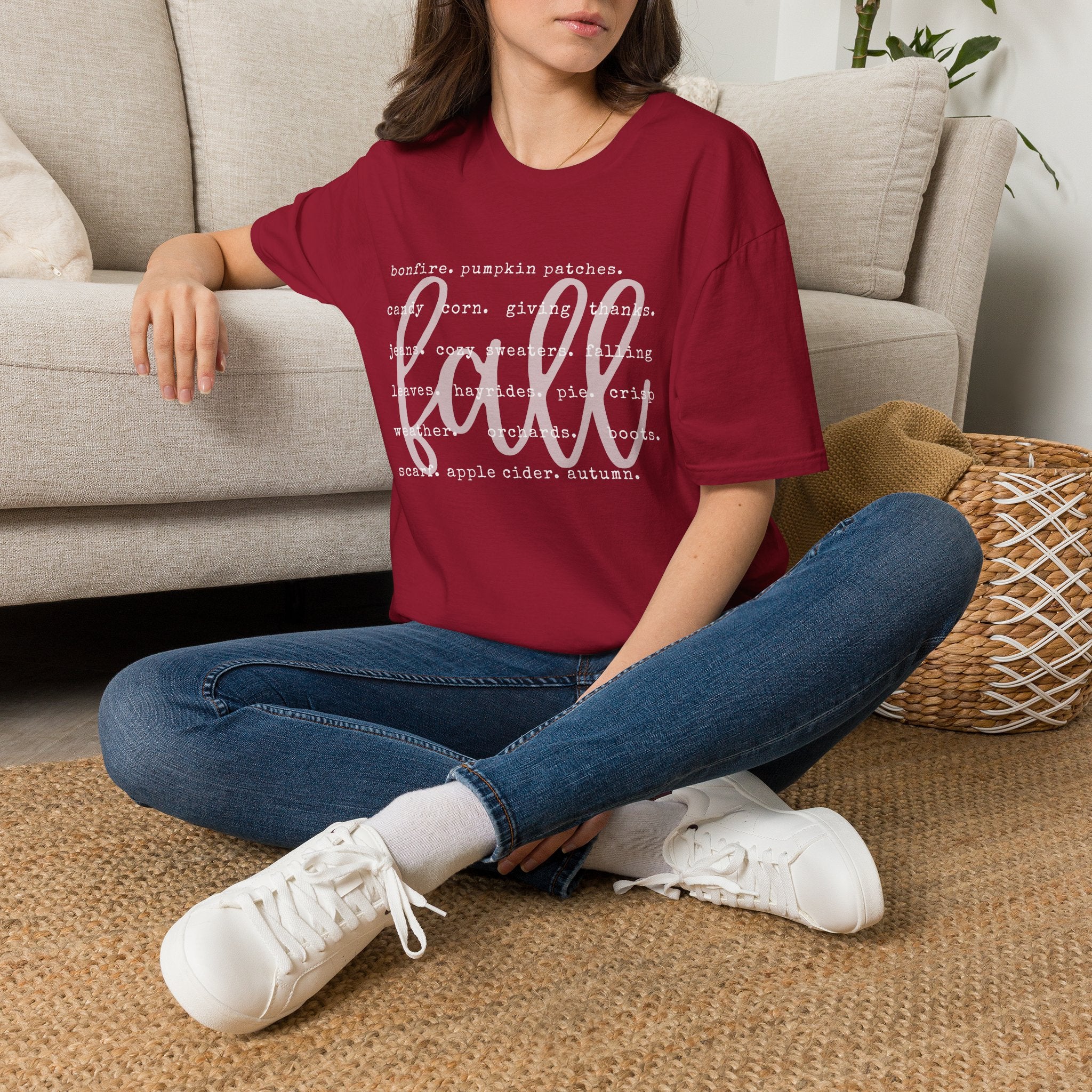 Fall Graphic T‑Shirt – Orange "fall" Script with Autumn Word Cloud